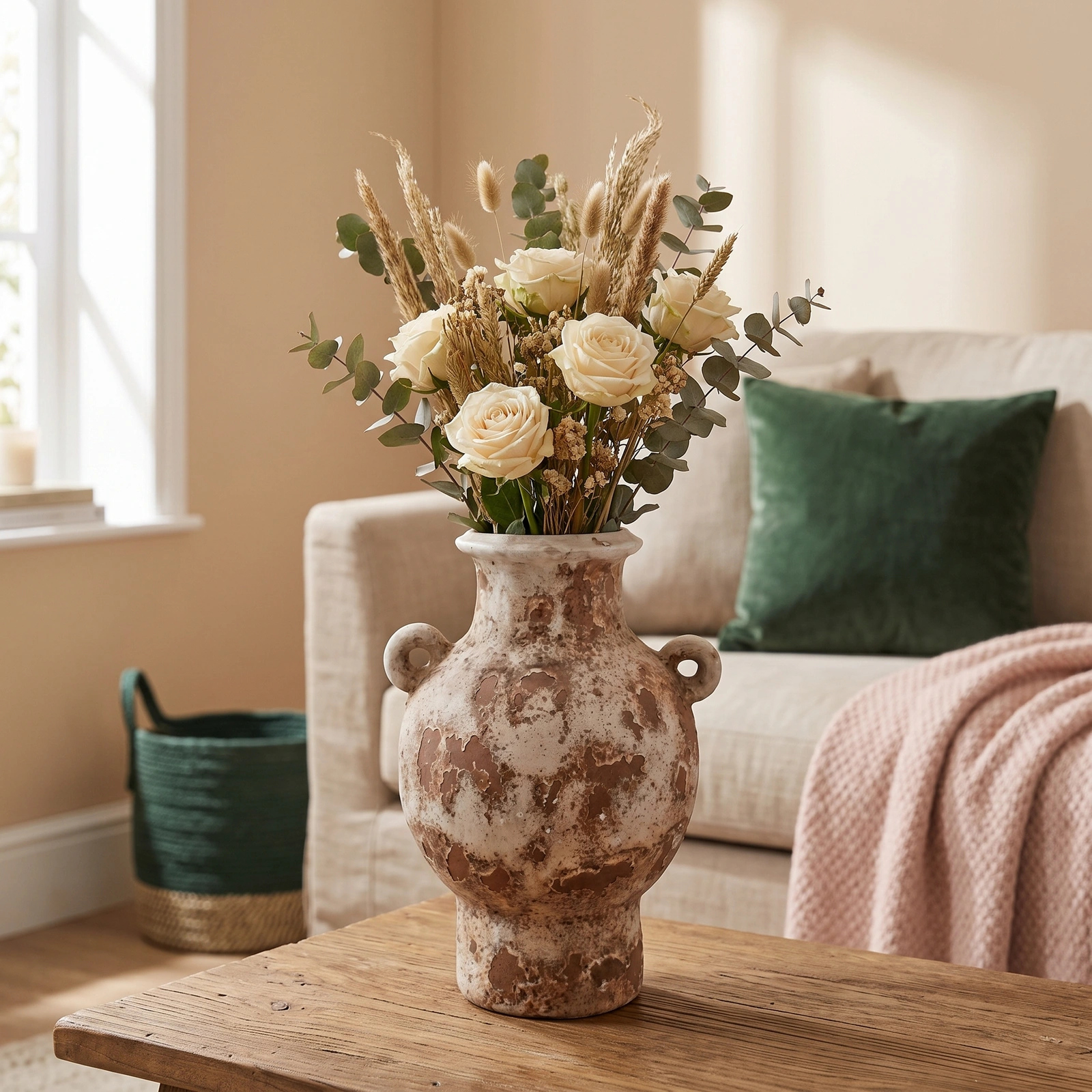 Porcelain Vase - Distressed White & Brown Finish - Home Decor
