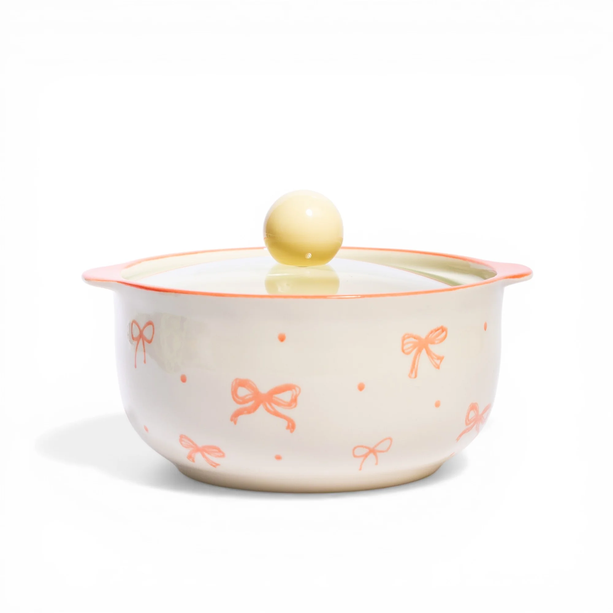 Ceramic Serving Bowl with Lid - Cream & Coral Bows - Home Organizers