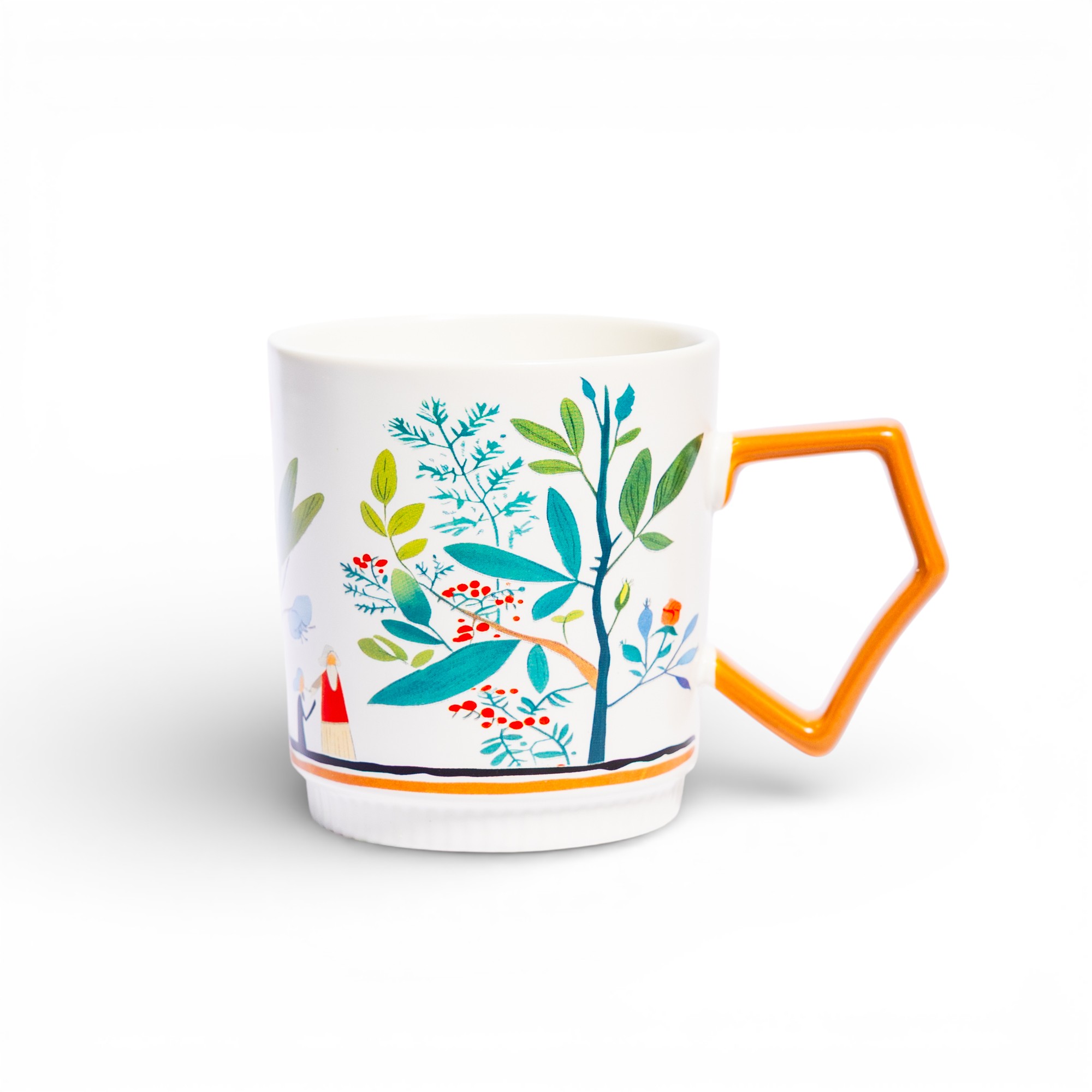 Ceramic Mug with Nature Design & Orange Hexagon Handle - Home Organization