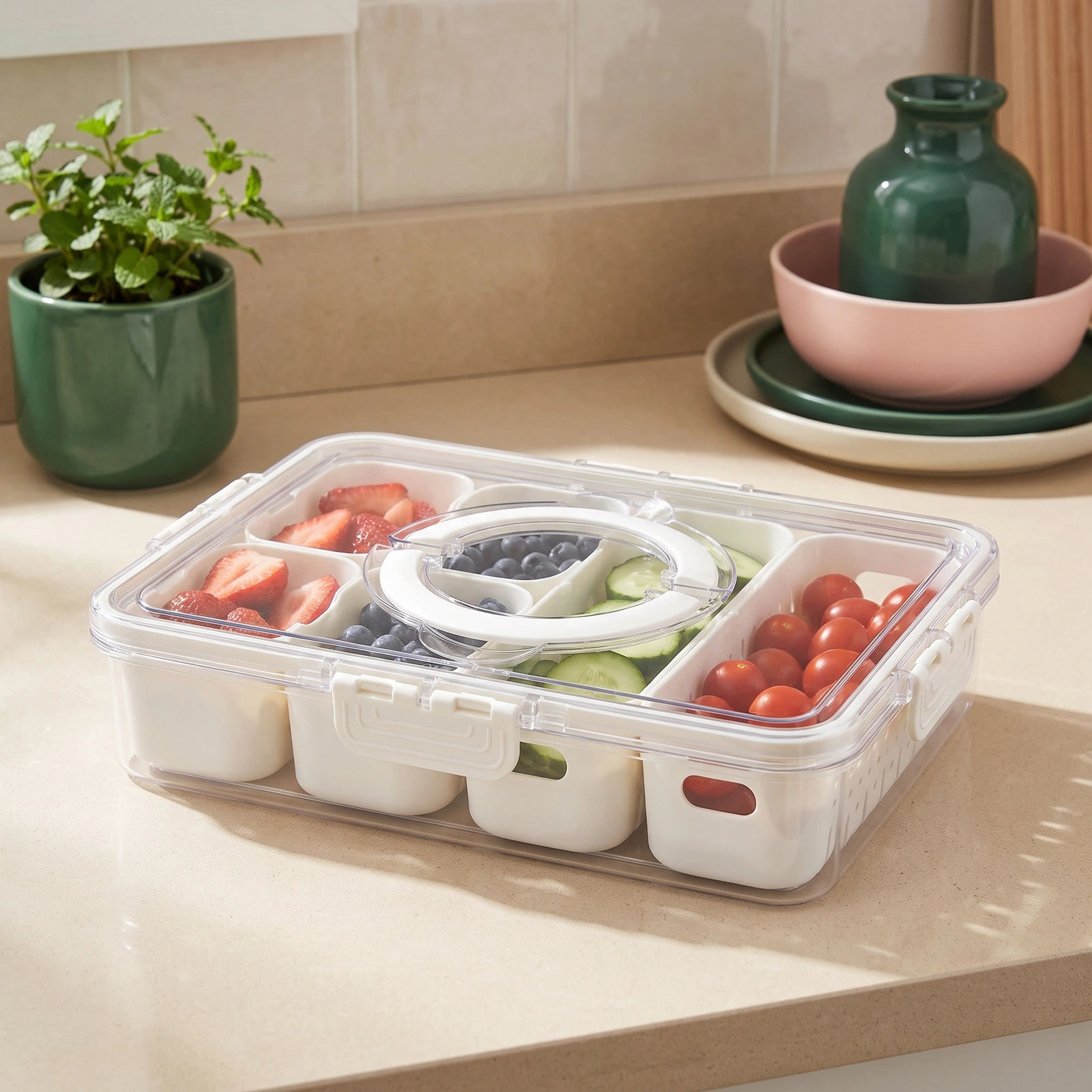 Plastic Food Storage Container with Dividers - Clear & White - Home Organizers