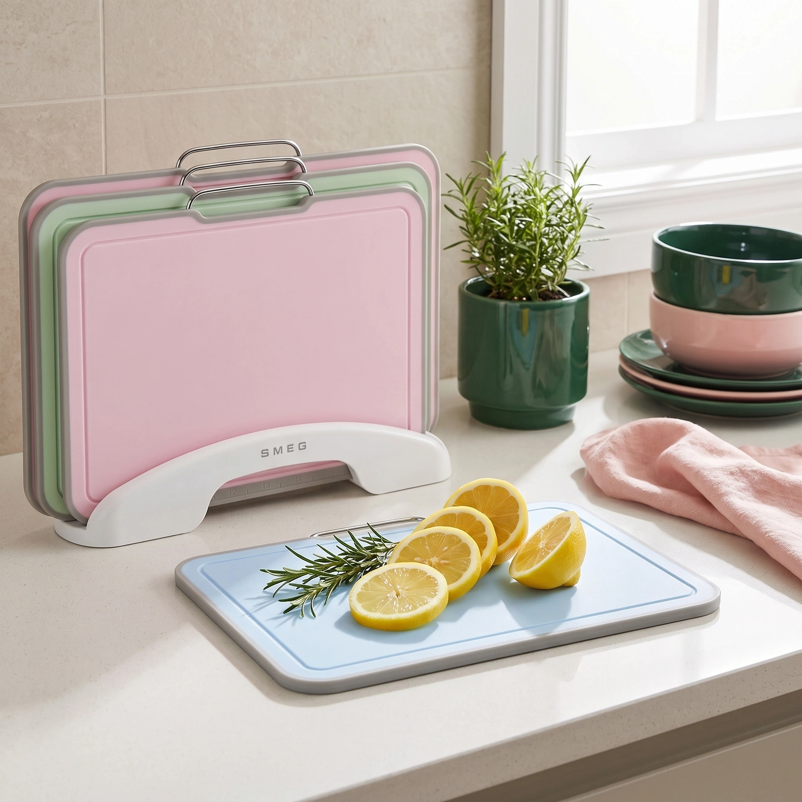 Smeg 3 Piece Pastel Plastic Cutting Board Set with Holder - Offers
