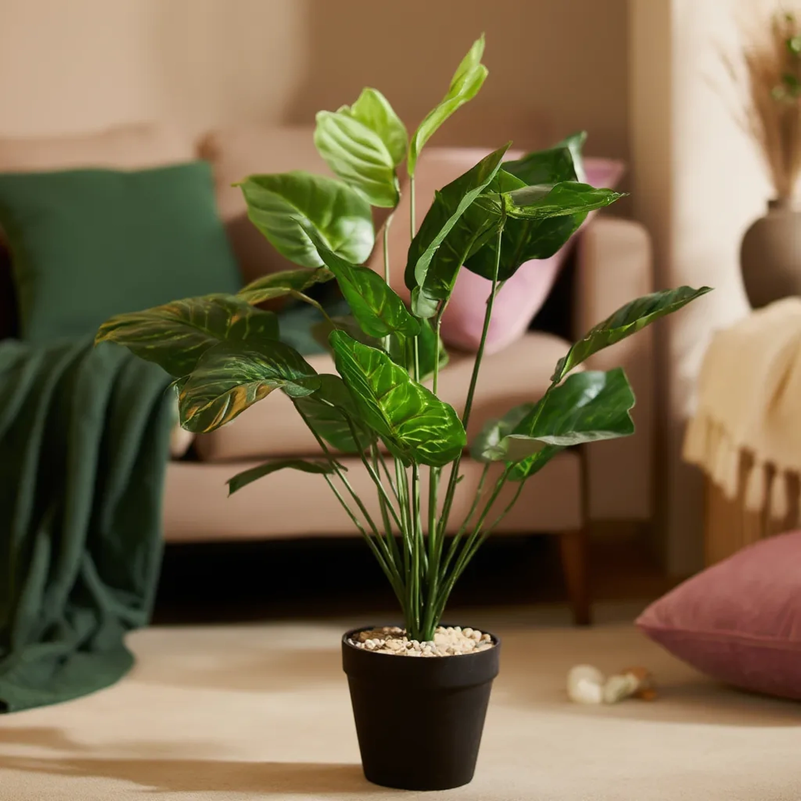 Artificial Plastic Plant Green Leaves in Black Pot - Kitchen essentials