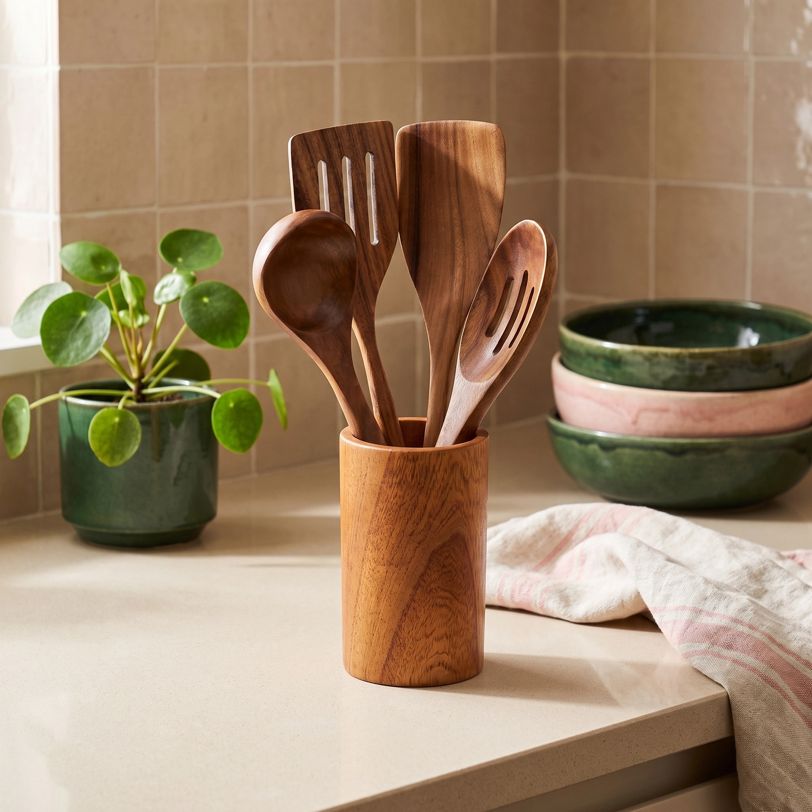 Wooden Kitchen Utensil Set with Holder - 5 Pieces Brown - Kitchen essentials