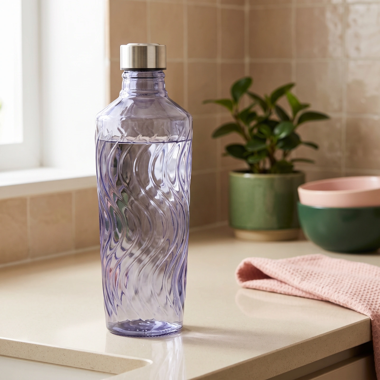 Glass Bottle Wavy Design - Transparent Grey - Cookware