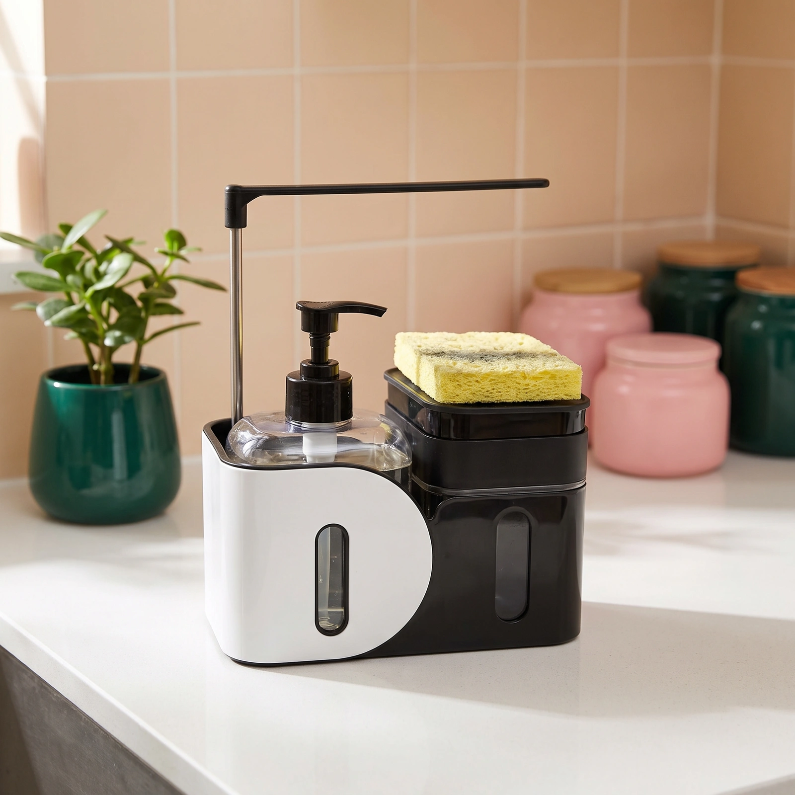 Plastic Sink Organizer with Soap Dispenser & Sponge Holder - Black &… - Home Organizers