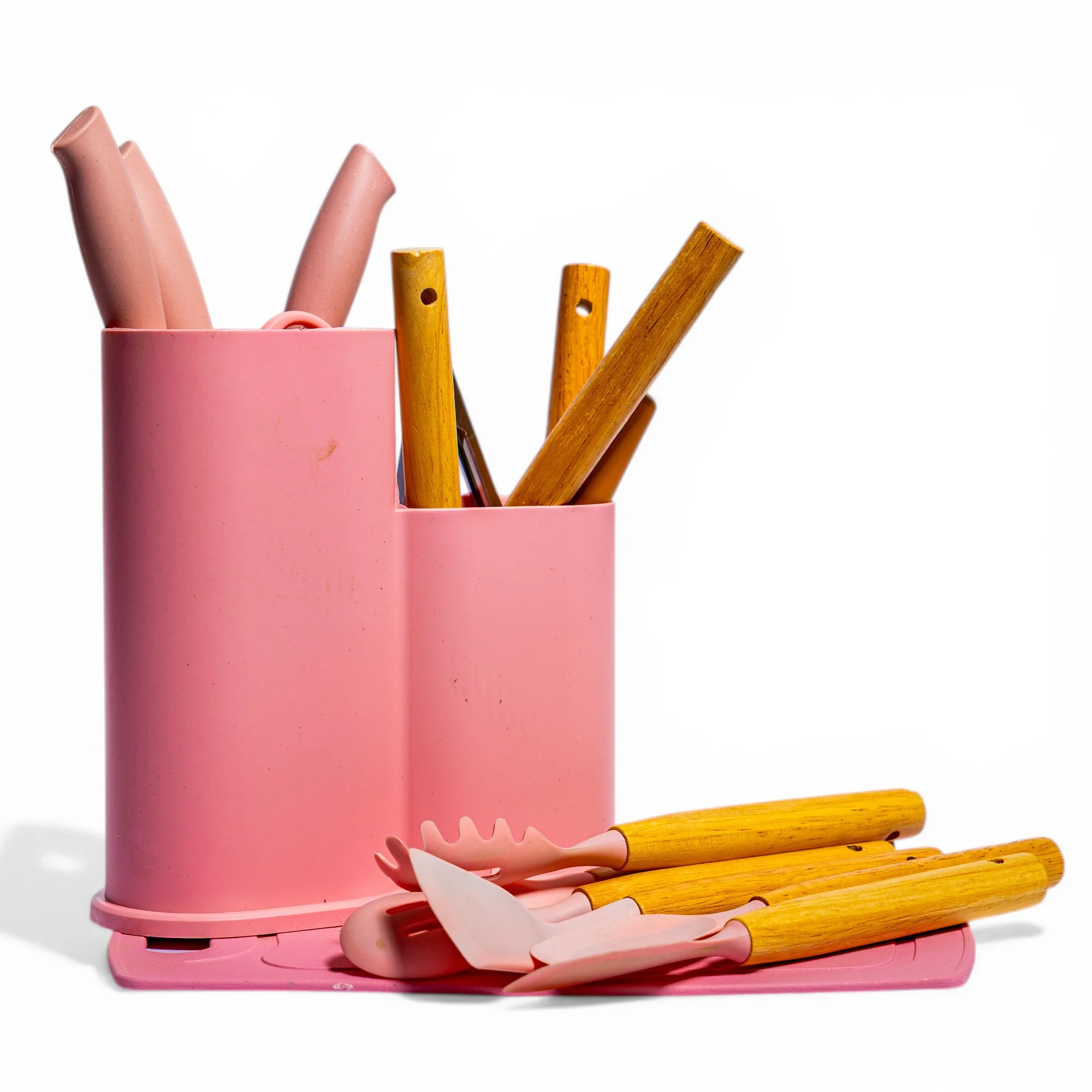 Kitchen Utensil Set with Holder - Pink & Wood - Home Organizers