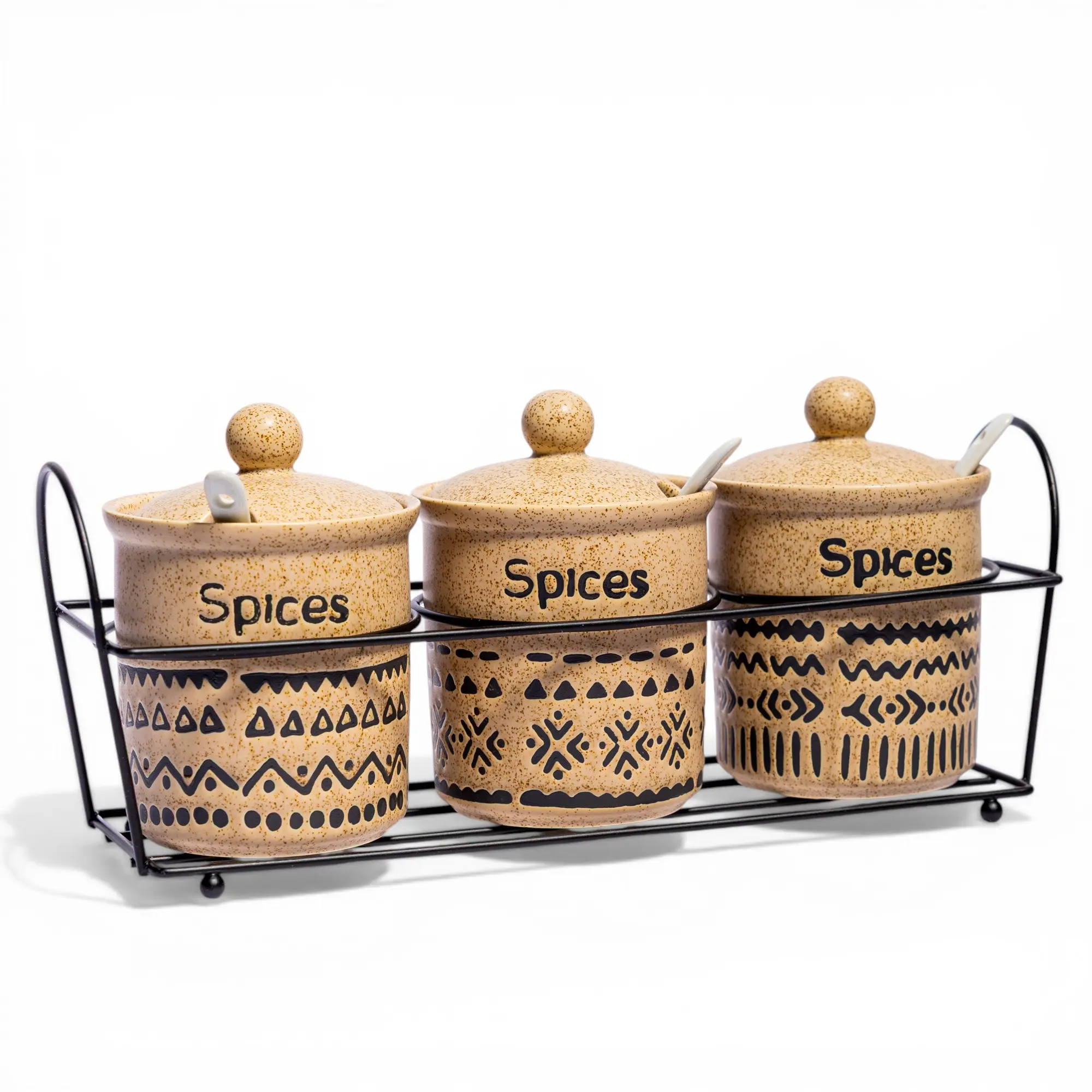 Ceramic Spice Jars Set with Stand - 3 Pcs Beige - Cleaning Essentials