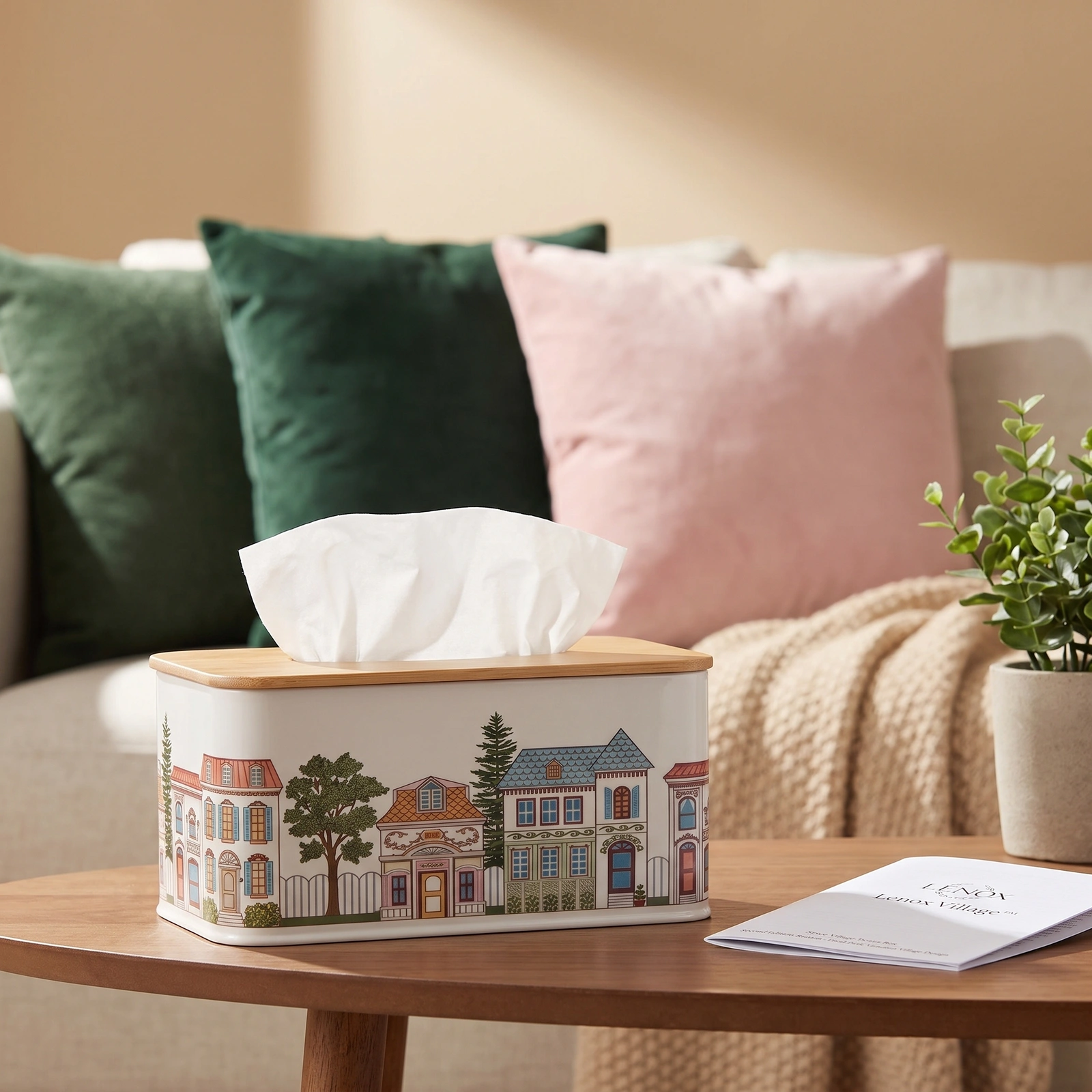 Metal & Wood Tissue Box Holder - White Village Design - Offers