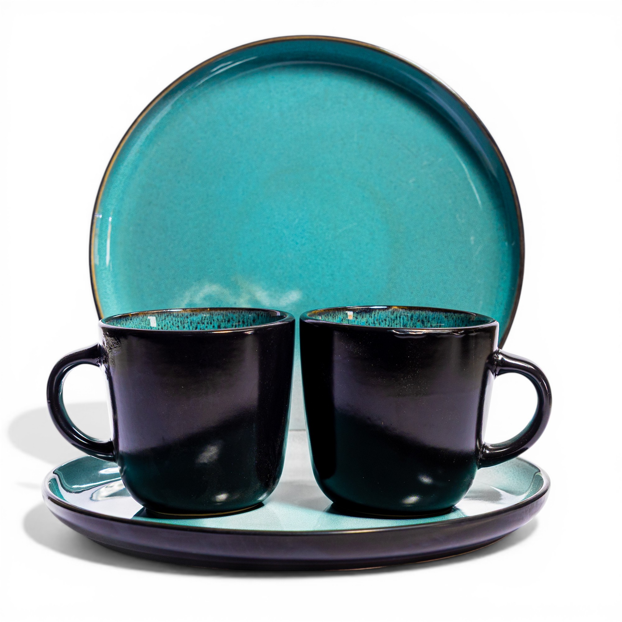 Ceramic Coffee Mug & Plate Set - Black & Teal - Home Organization