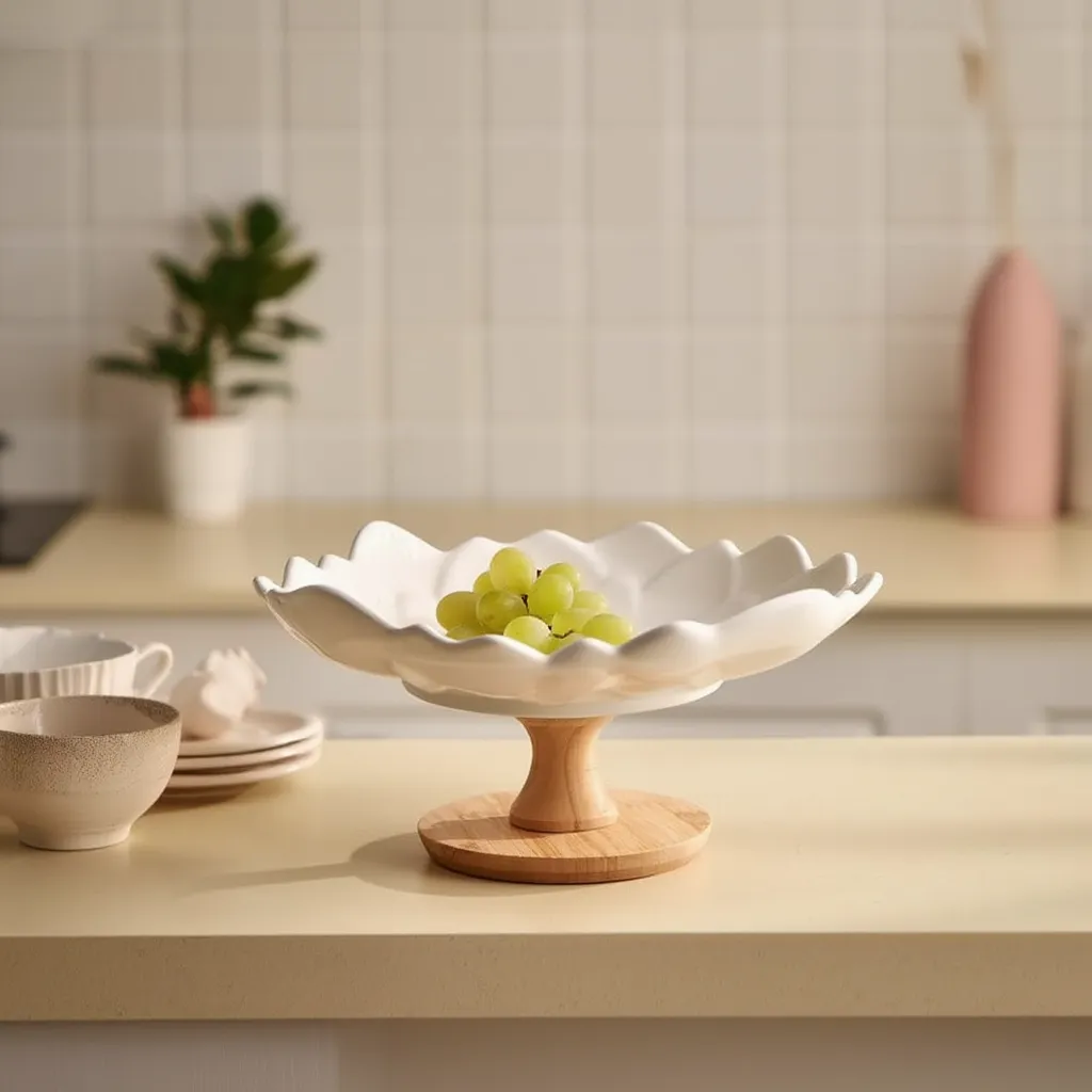 White Porcelain Serving Bowl with Wood Base - Bathroom Essentials
