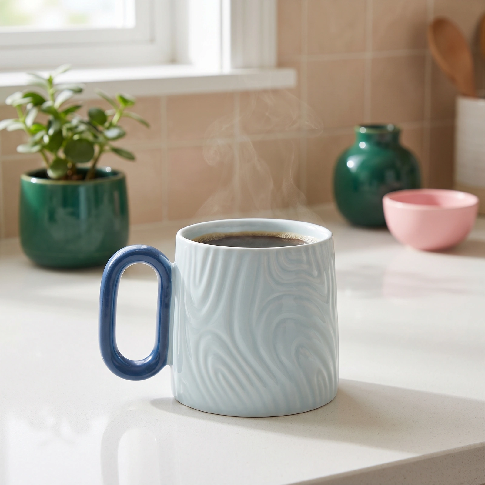 Ceramic Mug Light Blue Swirl Dark Blue Handle - Offers