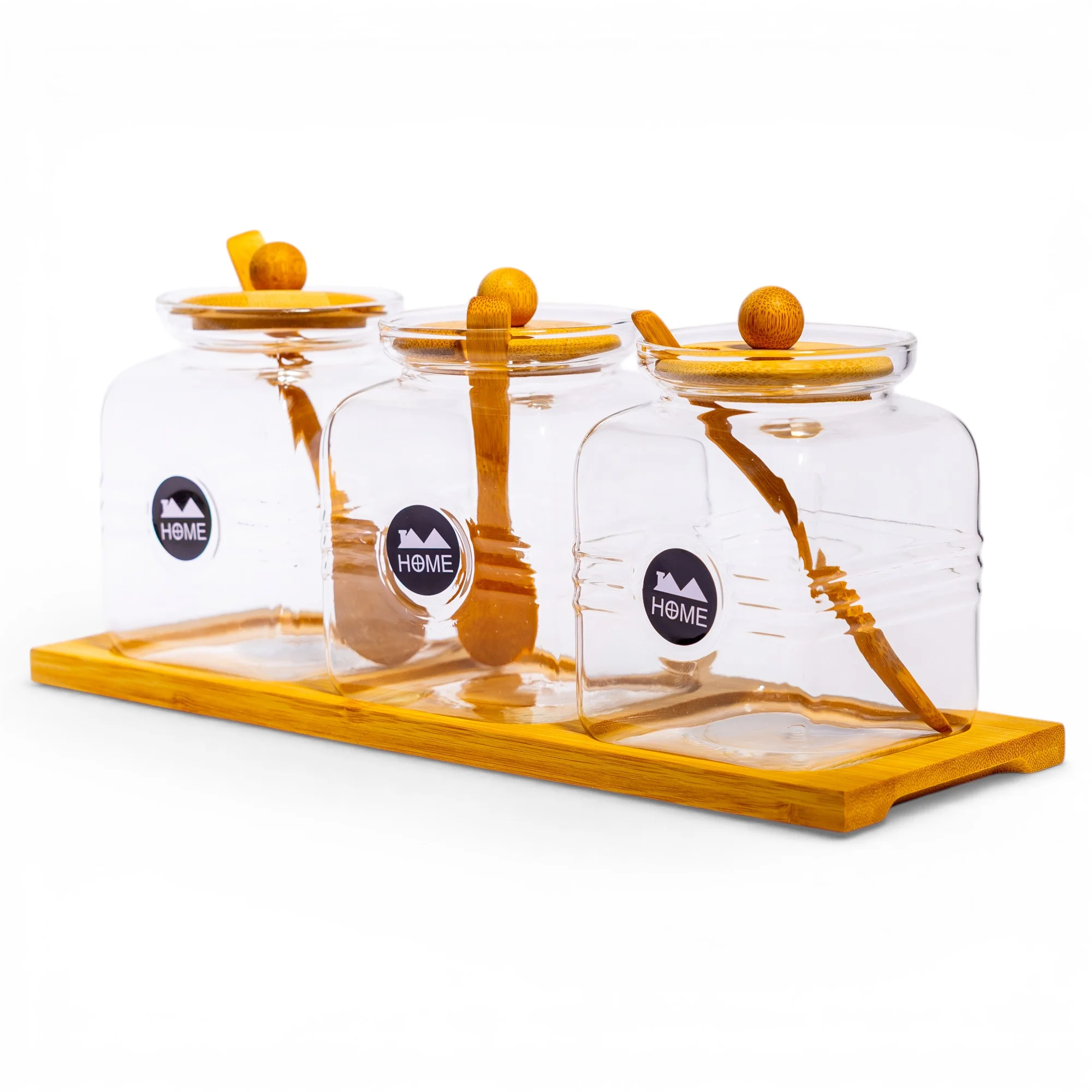 Glass Storage Jars with Bamboo Lids & Spoons - Set of 3 - Cleaning Essentials