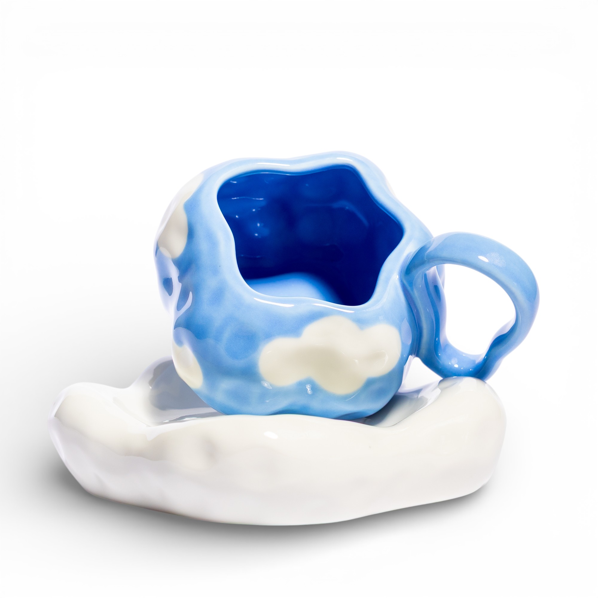 Ceramic Mug & Saucer Set - Blue Cloud Design - Home Organization