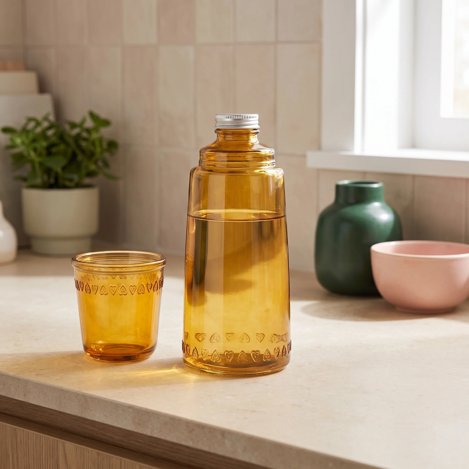 Amber Glass Bottle & Cup Set - Decorative Pattern - Cookware