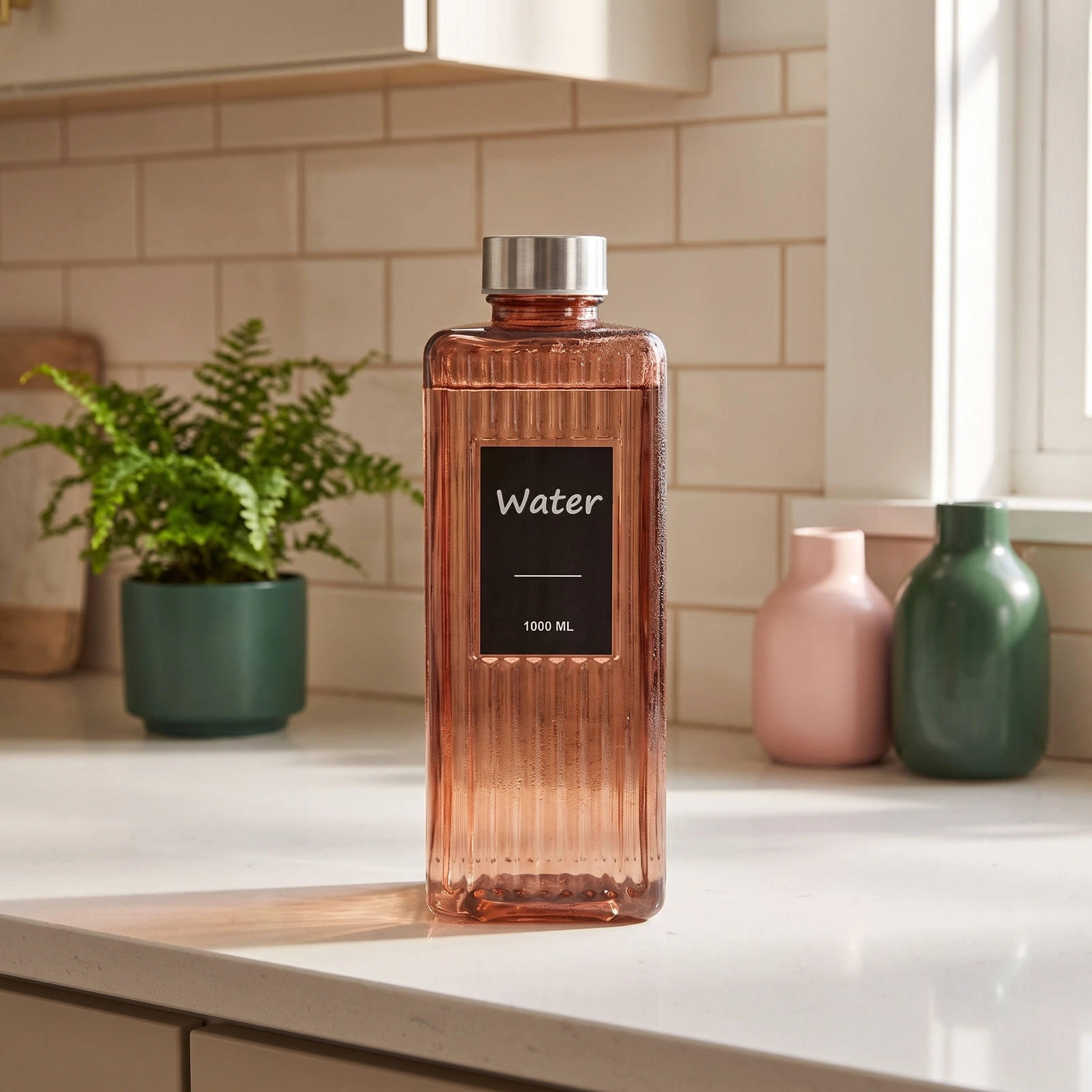 Glass Water Bottle 1000 ML - Rose Gold Ribbed Design - Cookware