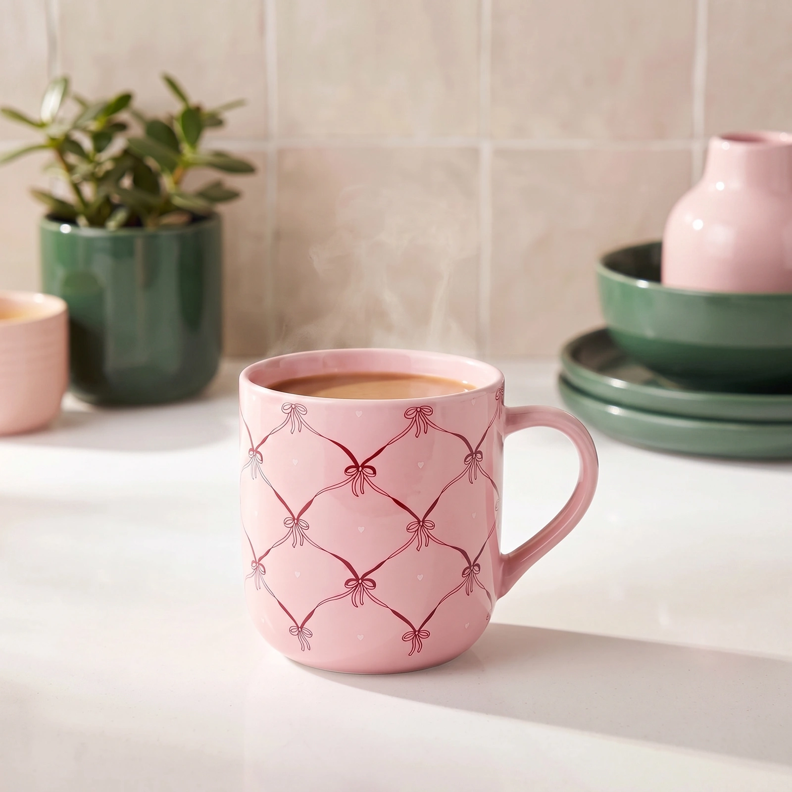 Pink Ceramic Mug with Bow Pattern - Cookware