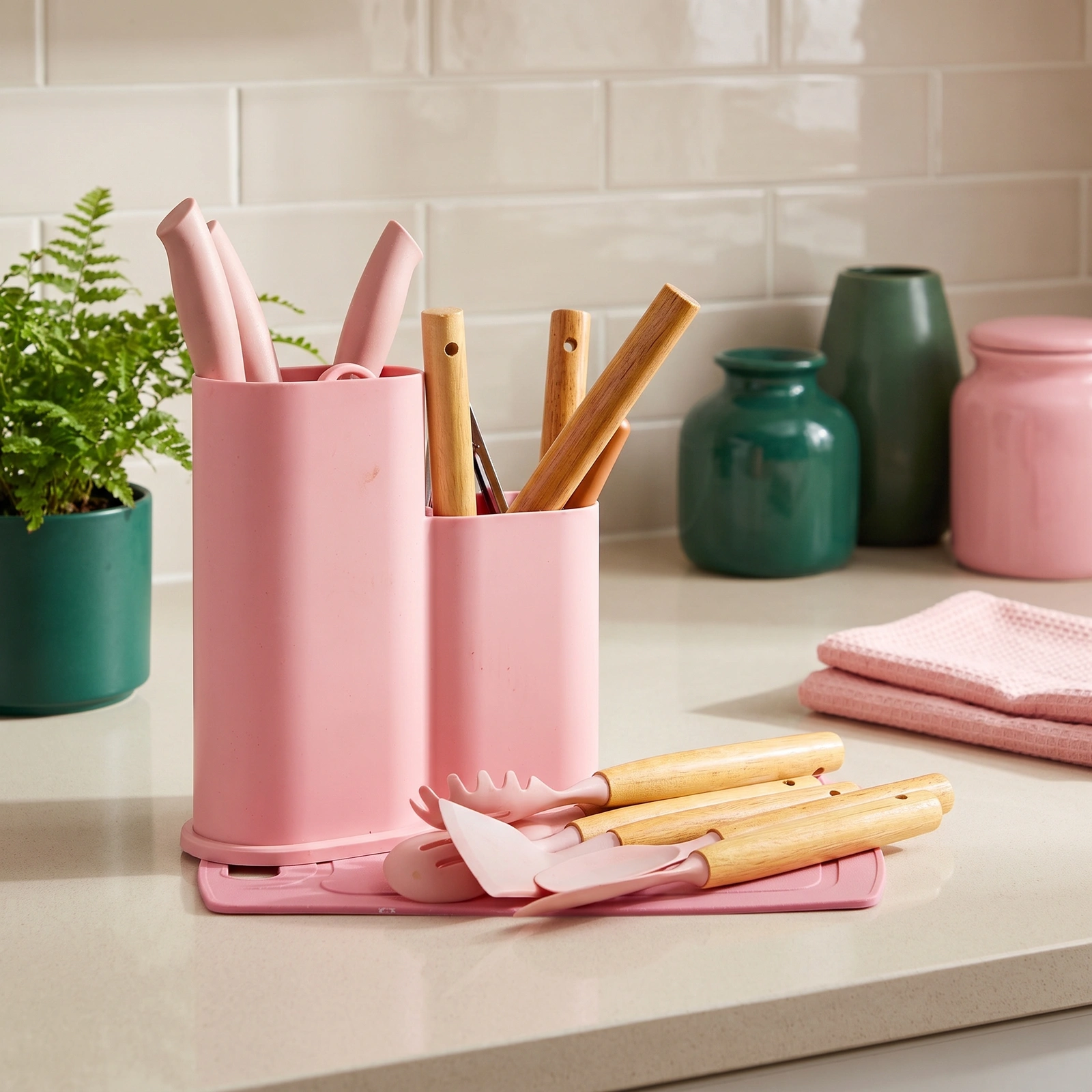 Kitchen Utensil Set with Holder - Pink & Wood - Home Decor