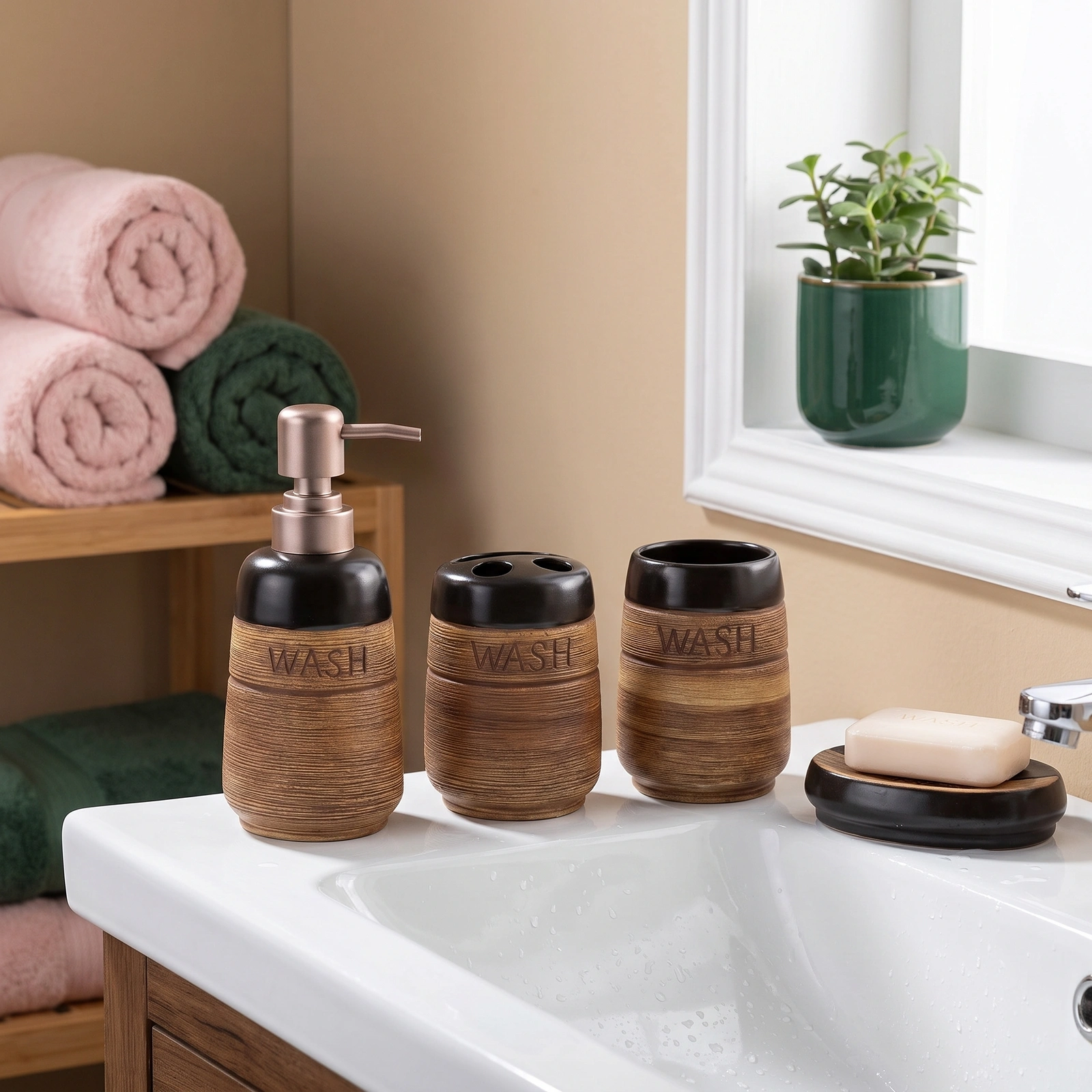 4-Piece Ceramic Bathroom Accessory Set - Brown & Black - Offers