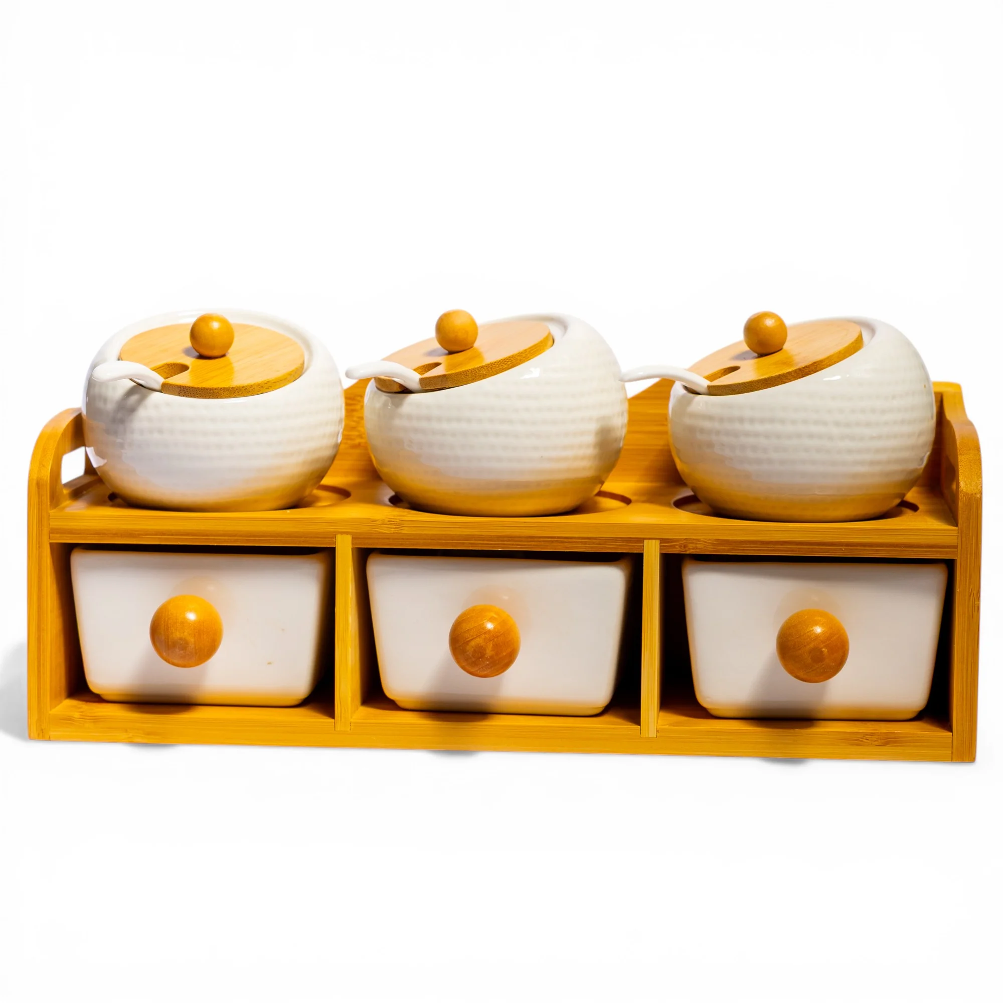 Ceramic Spice Jars & Drawers Set - 3 Pcs White & Bamboo - Home Organizers