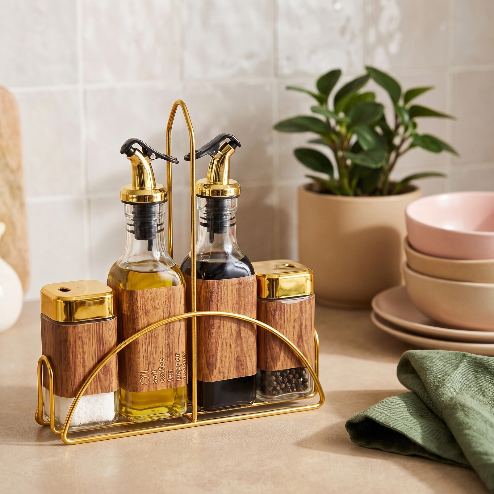 Glass Oil & Vinegar Dispenser Set with Spice Shakers - 4 Pcs - Home Organizers