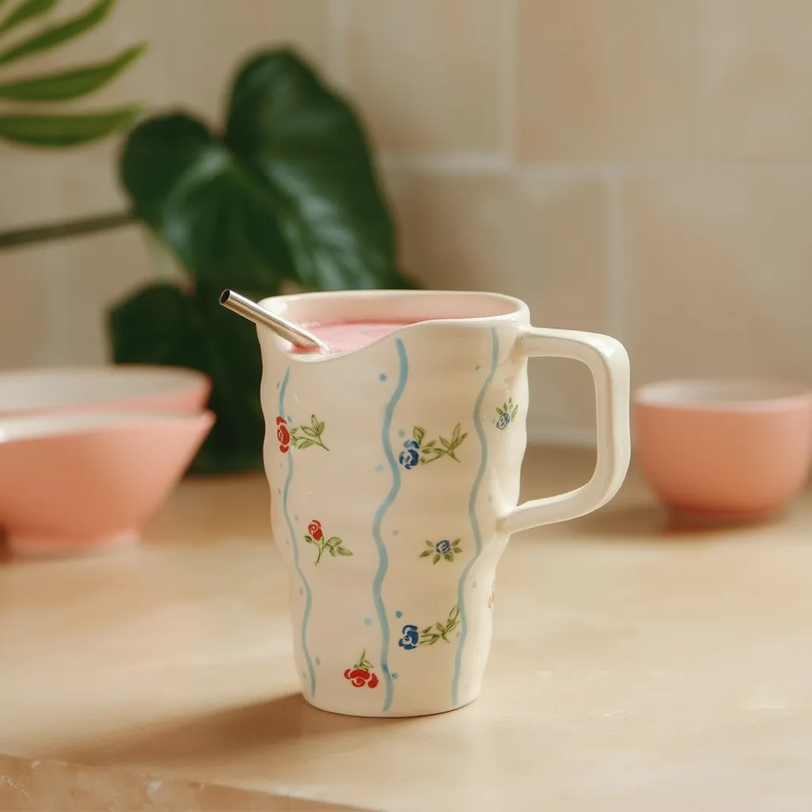 Porcelain Mug with Straw Slot - Cream Floral Design - Home Decor