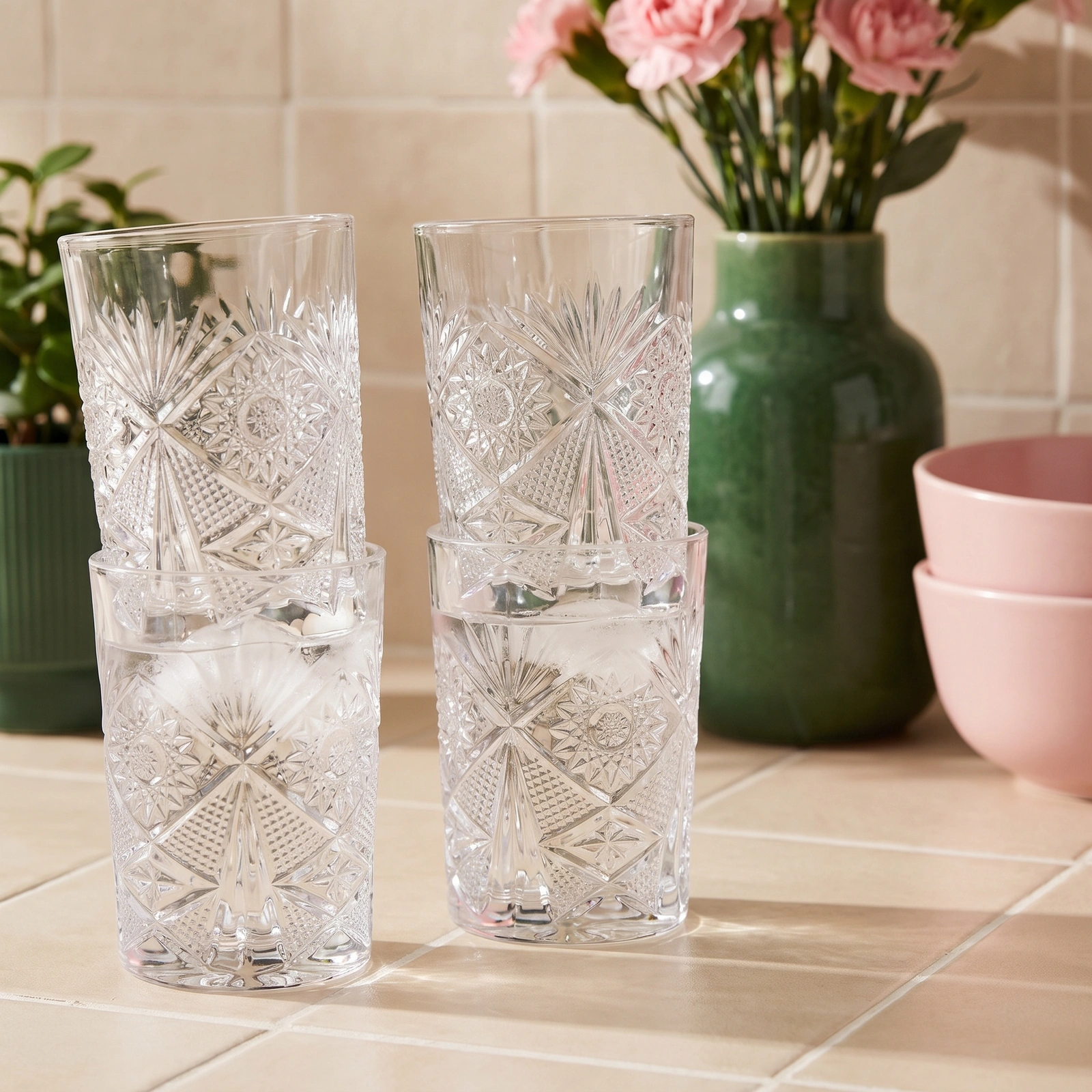 Set of 6 Clear Patterned Glass Drinking Cups - Home Organizers