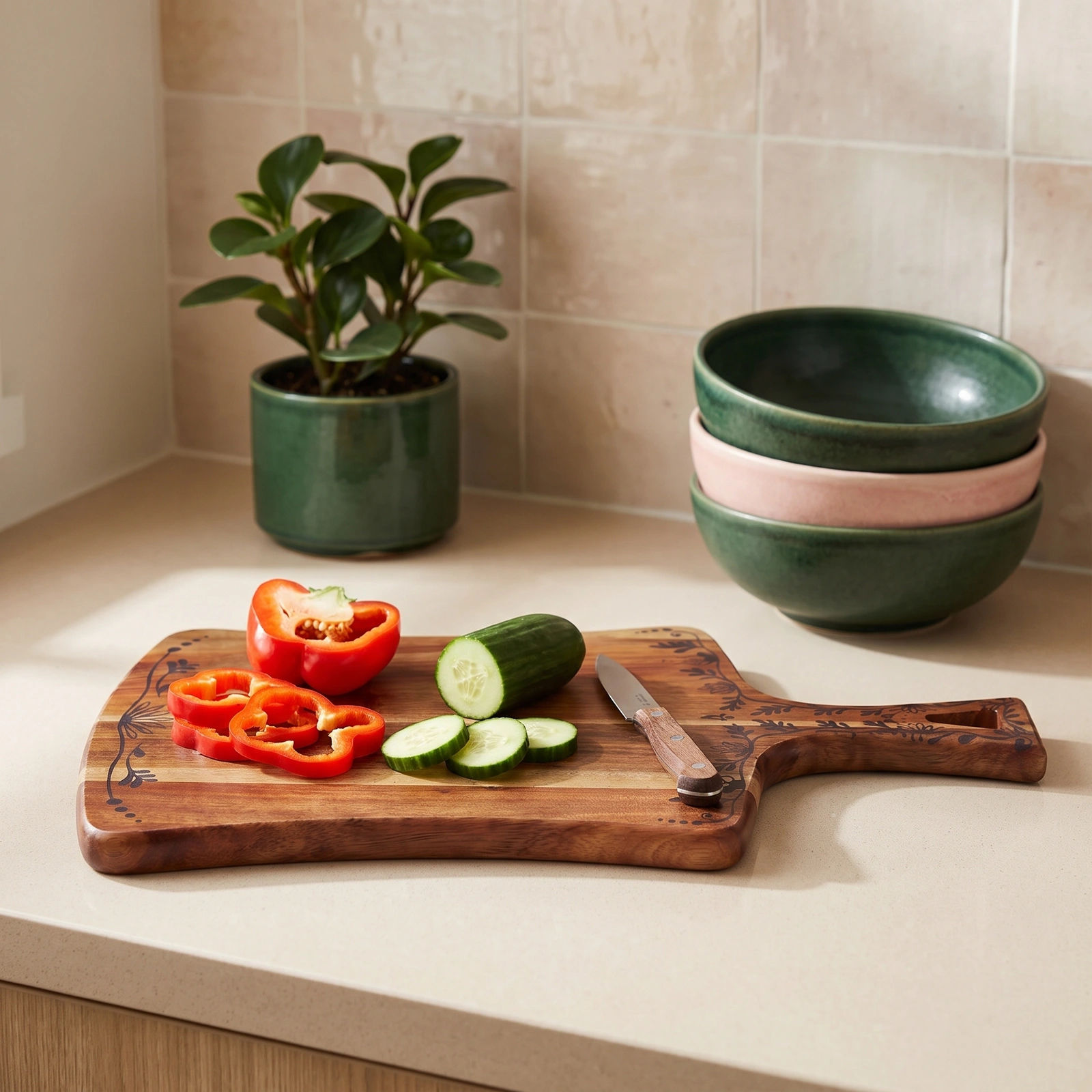 Acacia Wood Cutting Board with Handle - Floral Design - Kitchen essentials