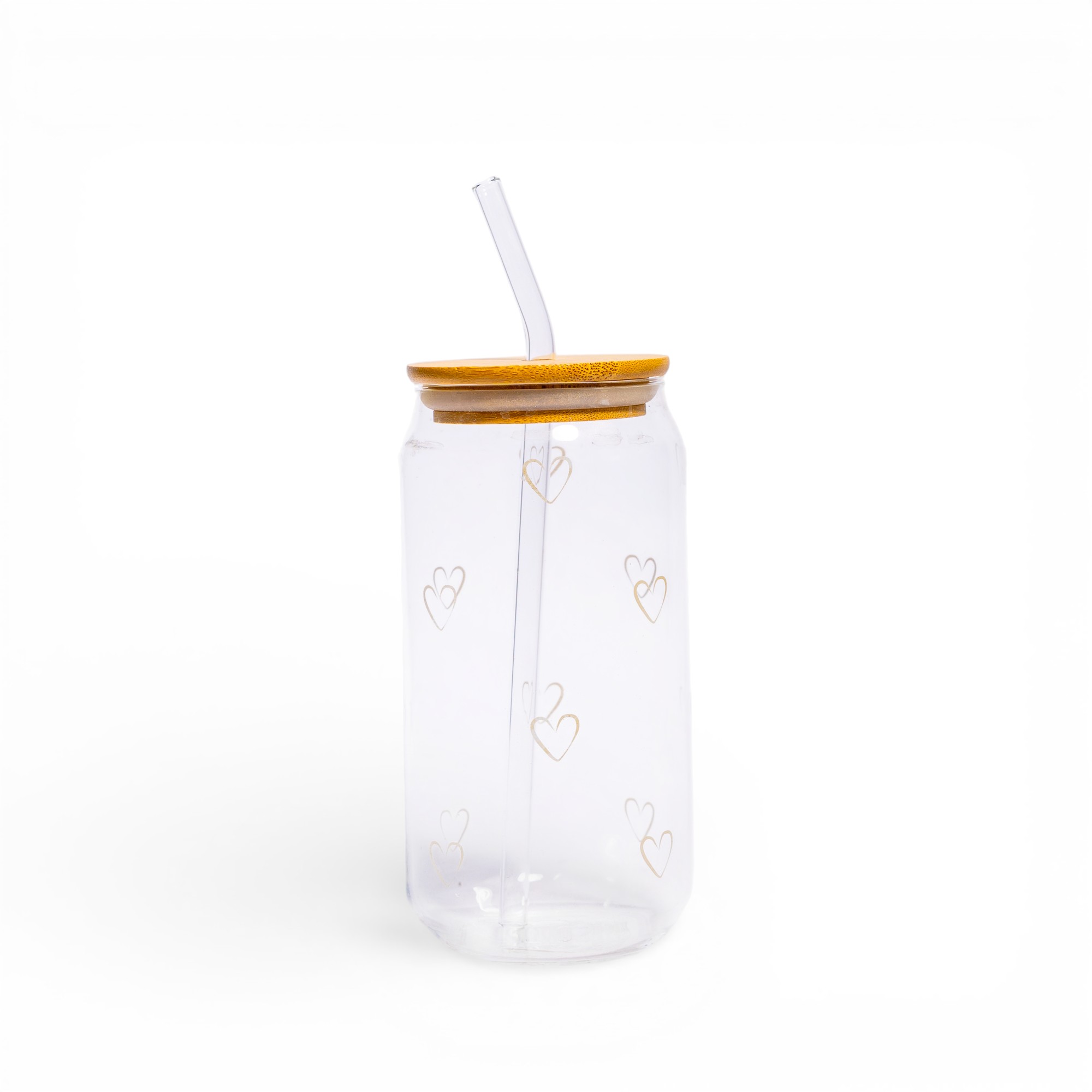 Glass Tumbler with Bamboo Lid & Straw - Gold Hearts - Home Organization