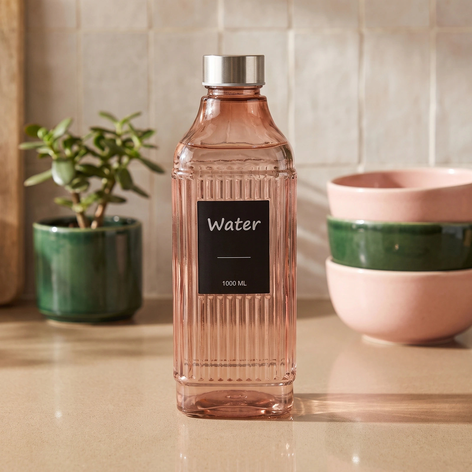 Glass Water Bottle 1000 ML - Rose Gold Ribbed - Cookware