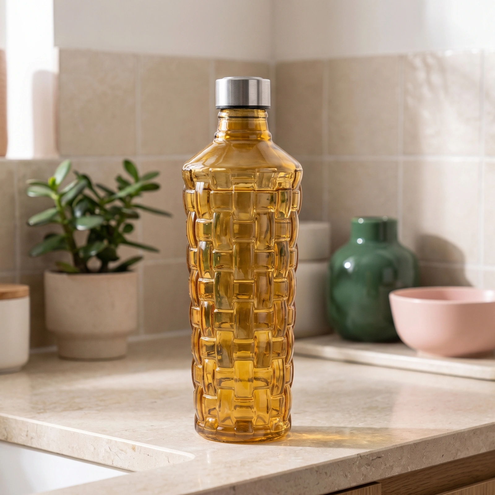 Amber Glass Bottle with Textured Design - Cookware