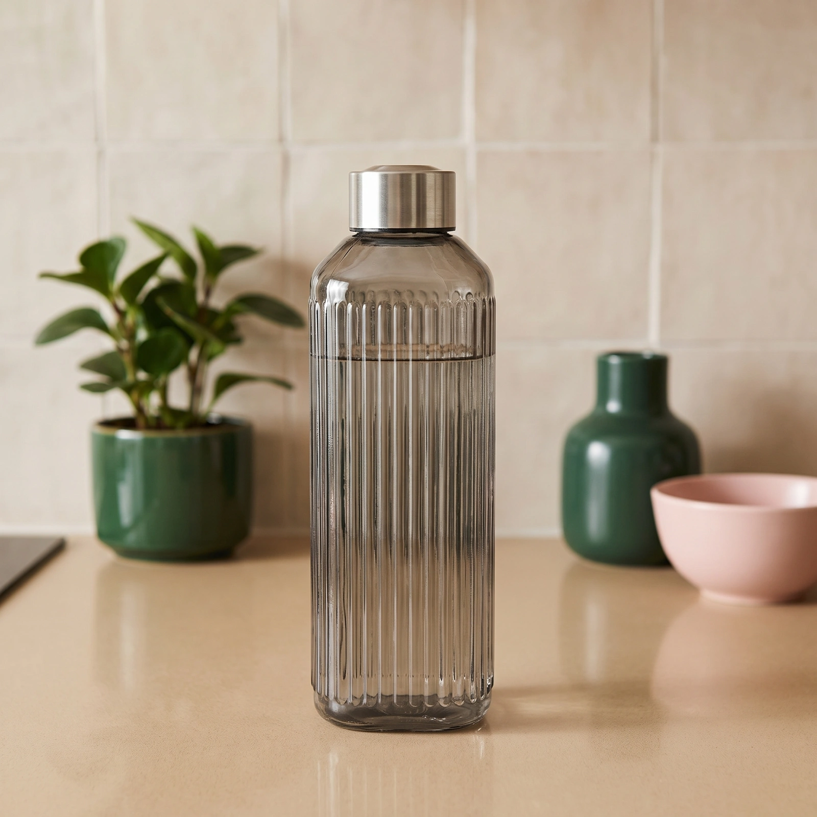 Smoked Grey Ribbed Glass Water Bottle with Silver Cap - Offers