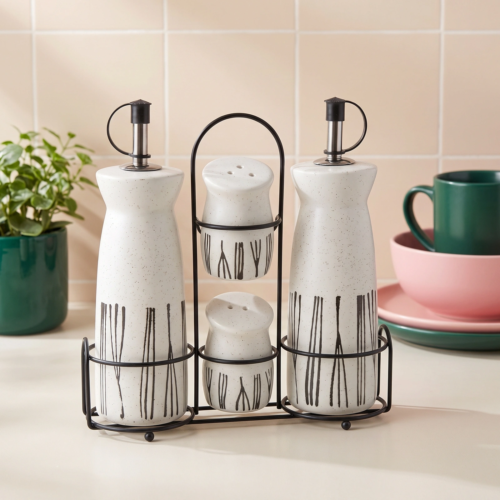 Porcelain Oil & Vinegar Dispenser Set with Salt & Pepper Shakers - 4… - Offers