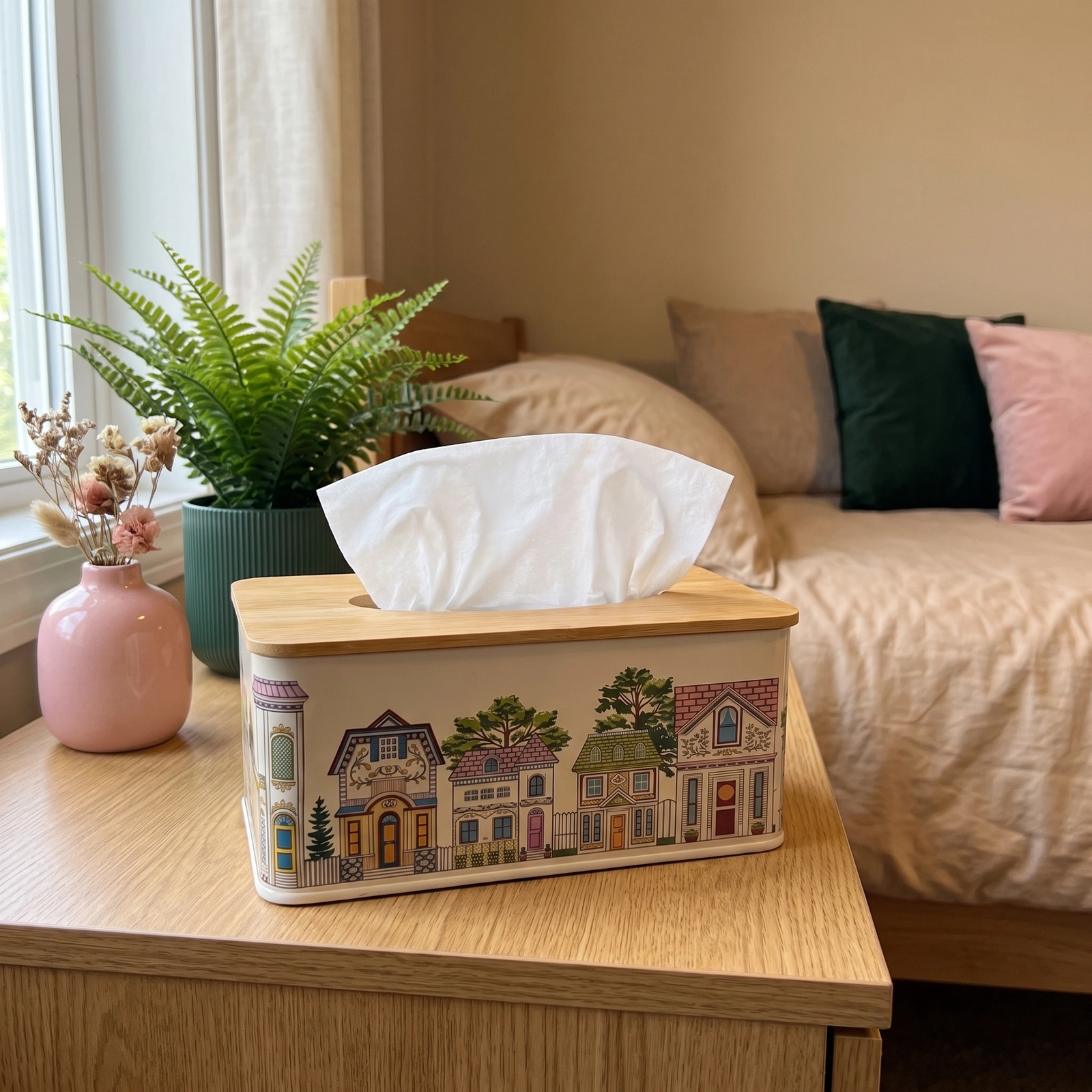 Metal Tissue Box with Wood Lid - Village Design - Offers