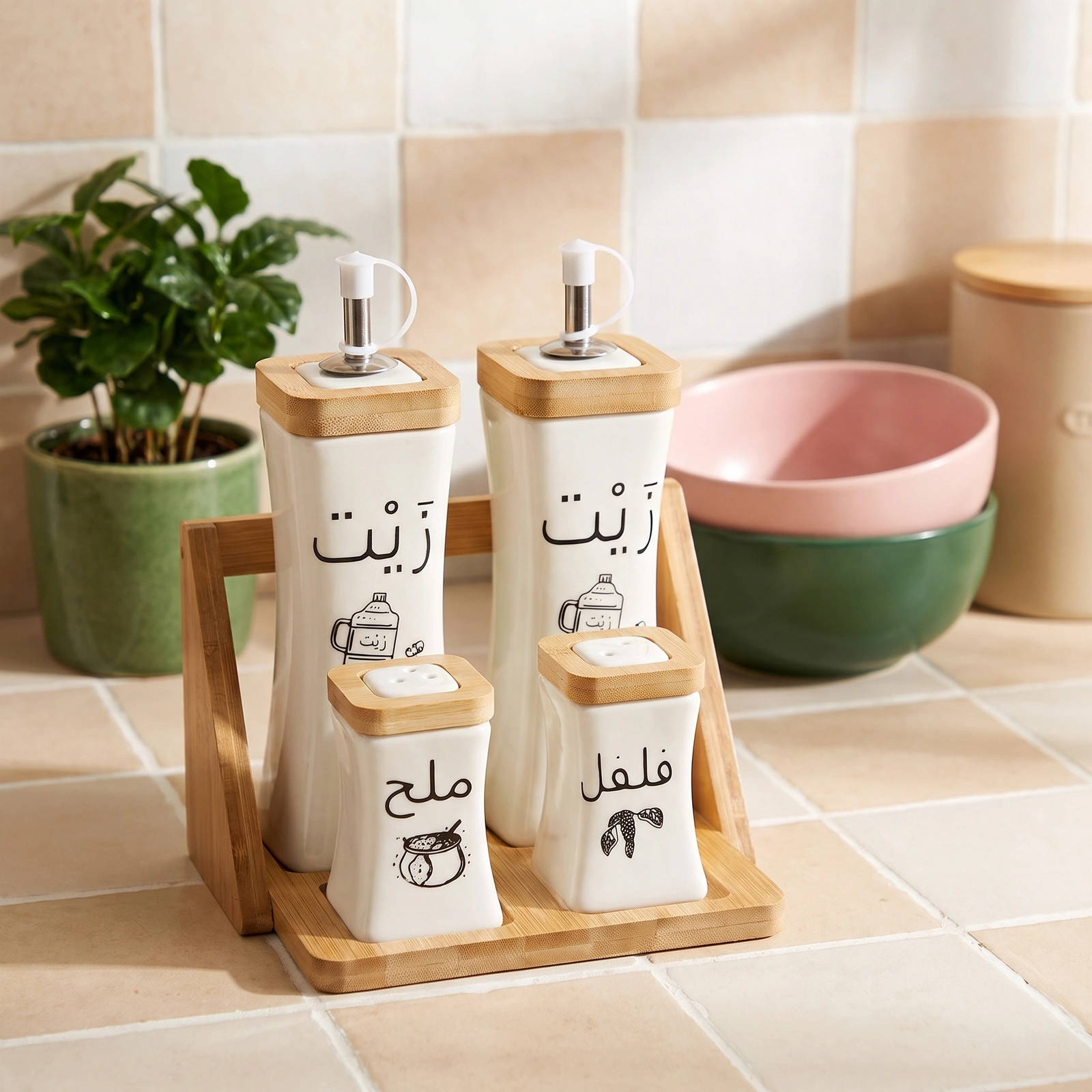 White Porcelain & Wood Oil, Salt, Pepper Dispenser Set - Cookware