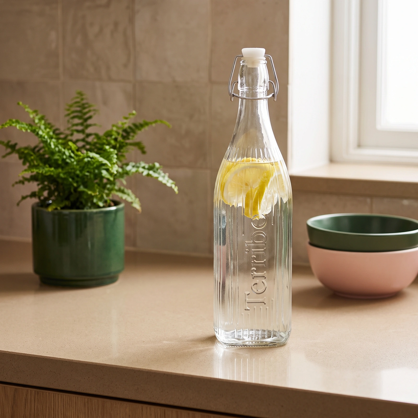 Clear Ribbed Glass Bottle with Swing Top - Cookware