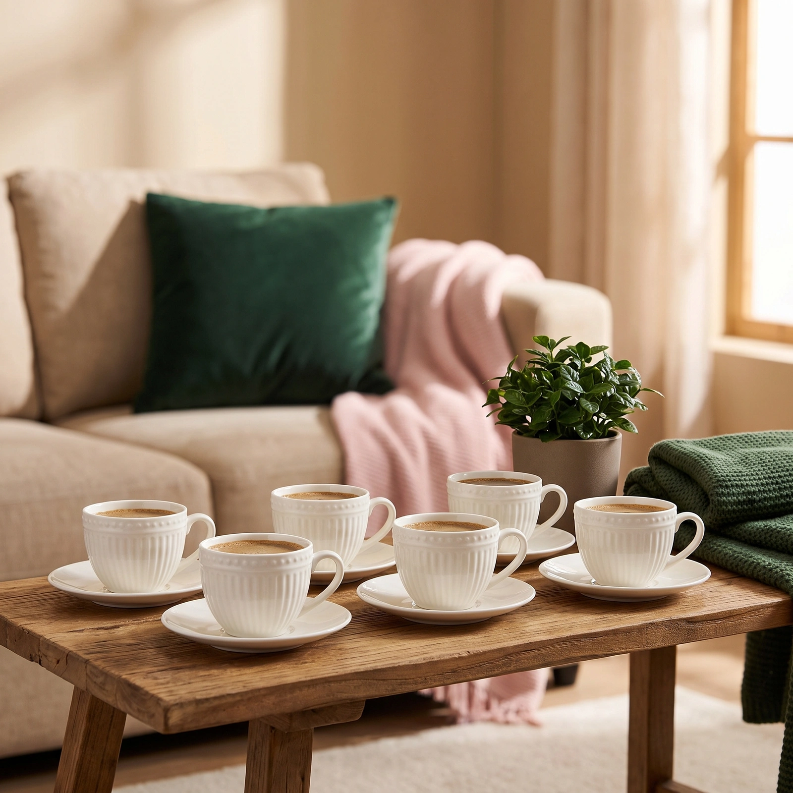 Porcelain Coffee Cup & Saucer Set - Cream Ribbed Design, 6 Pcs - Offers