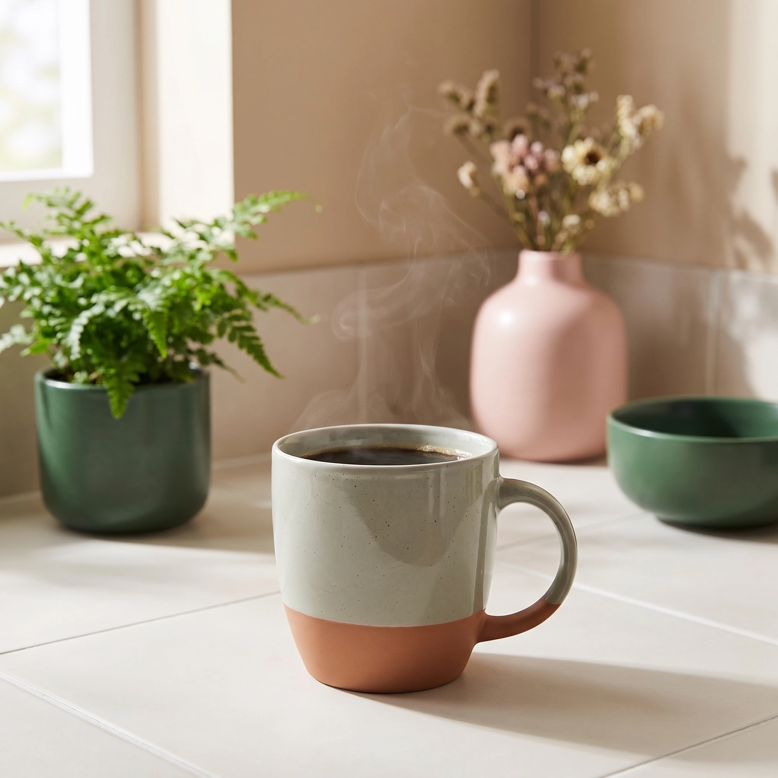 Big Ceramic Mug - Two-Tone Green & Terracotta - Cookware