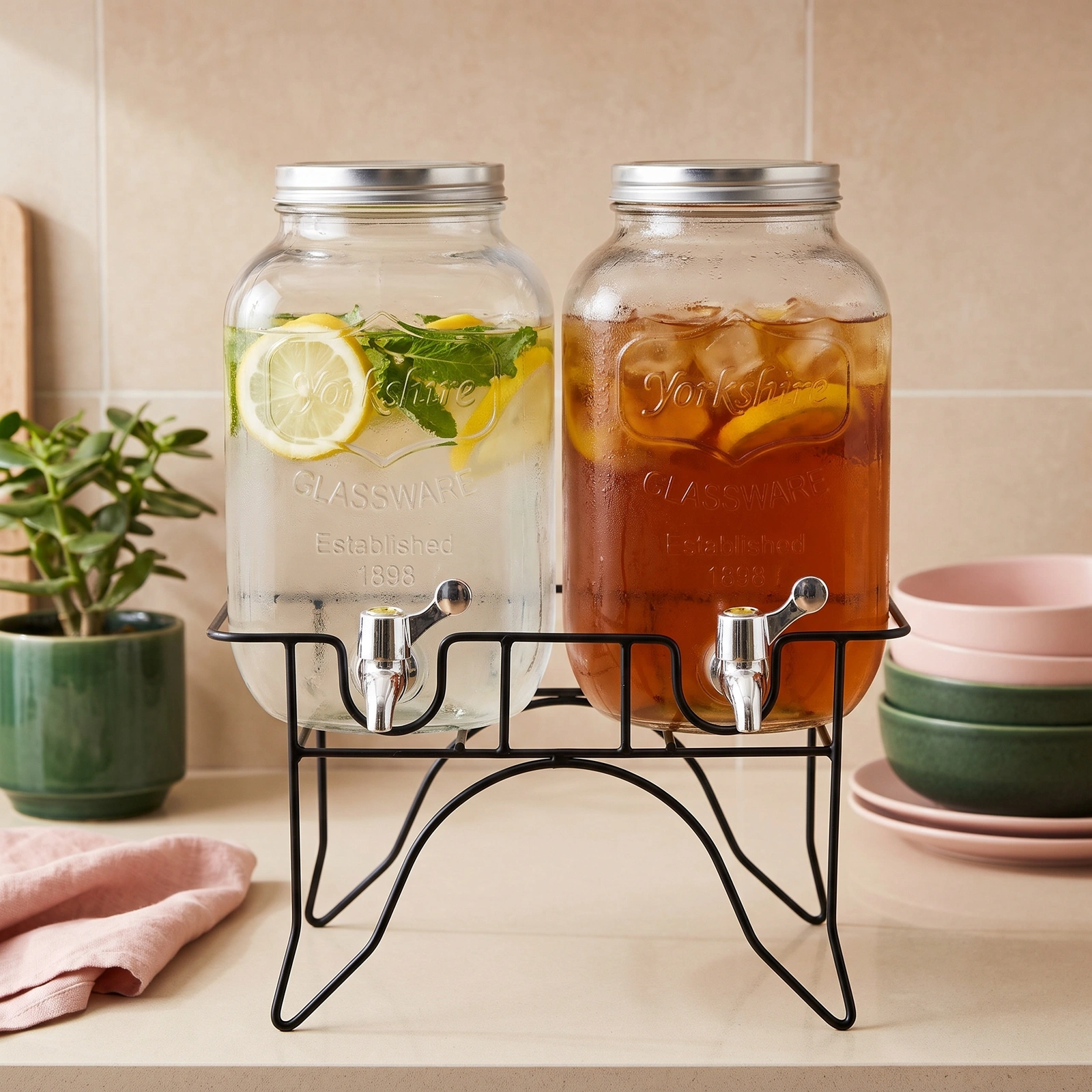 Glass Beverage Dispenser Set with Stand - 2 Clear Dispensers - Home Decor