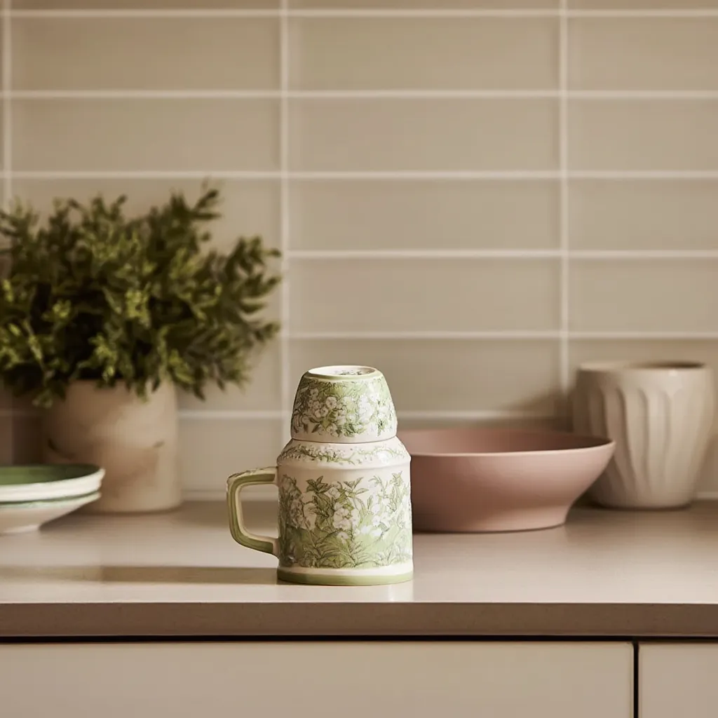 Porcelain Jug & Cup Set - Green Floral - Home Organizers