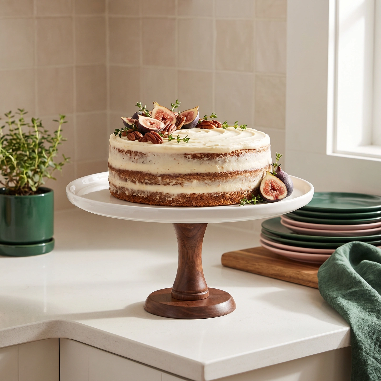 White Porcelain Cake Stand with Dark Wood Base - Home Organizers