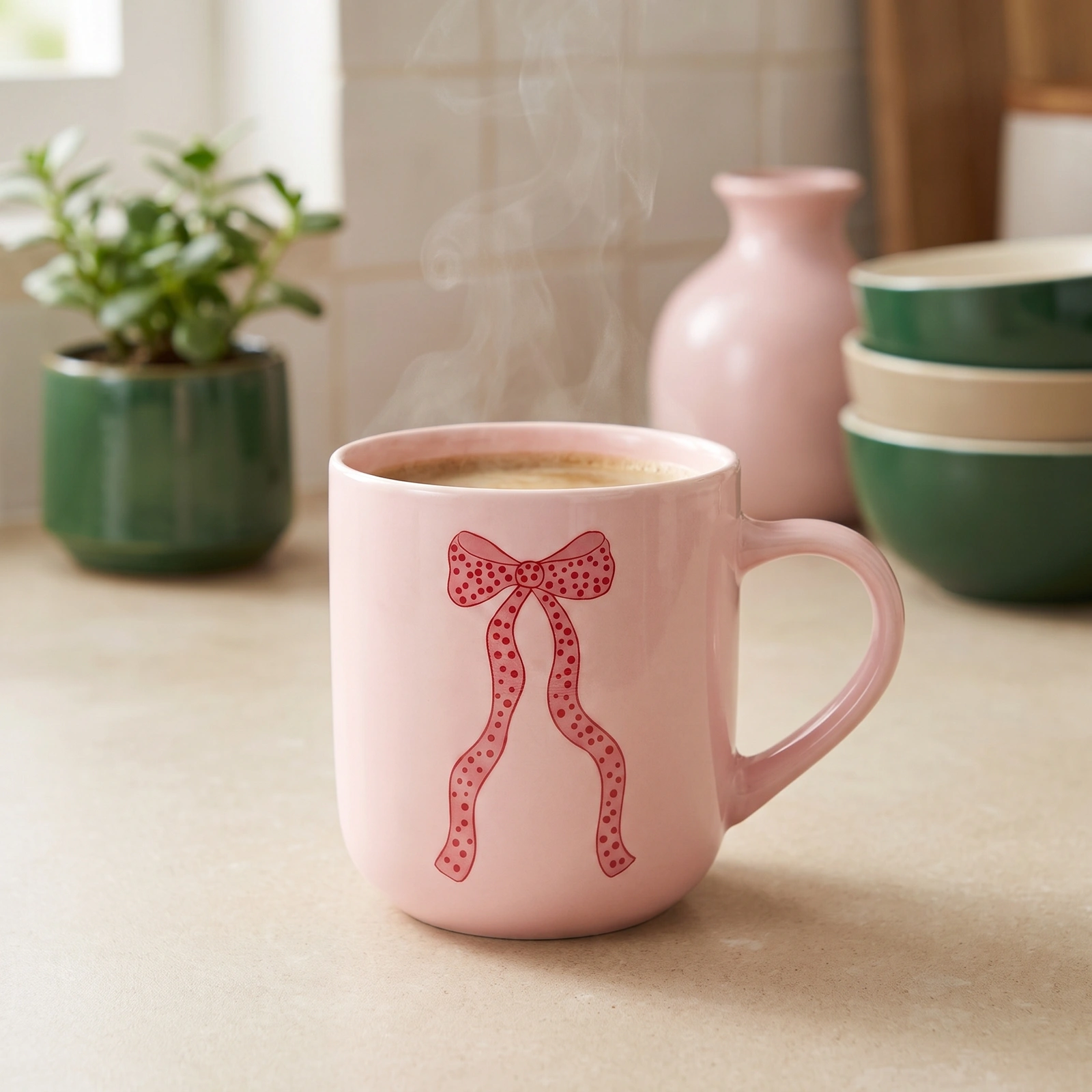 Pink Ceramic Mug with Ribbon Design - Cookware