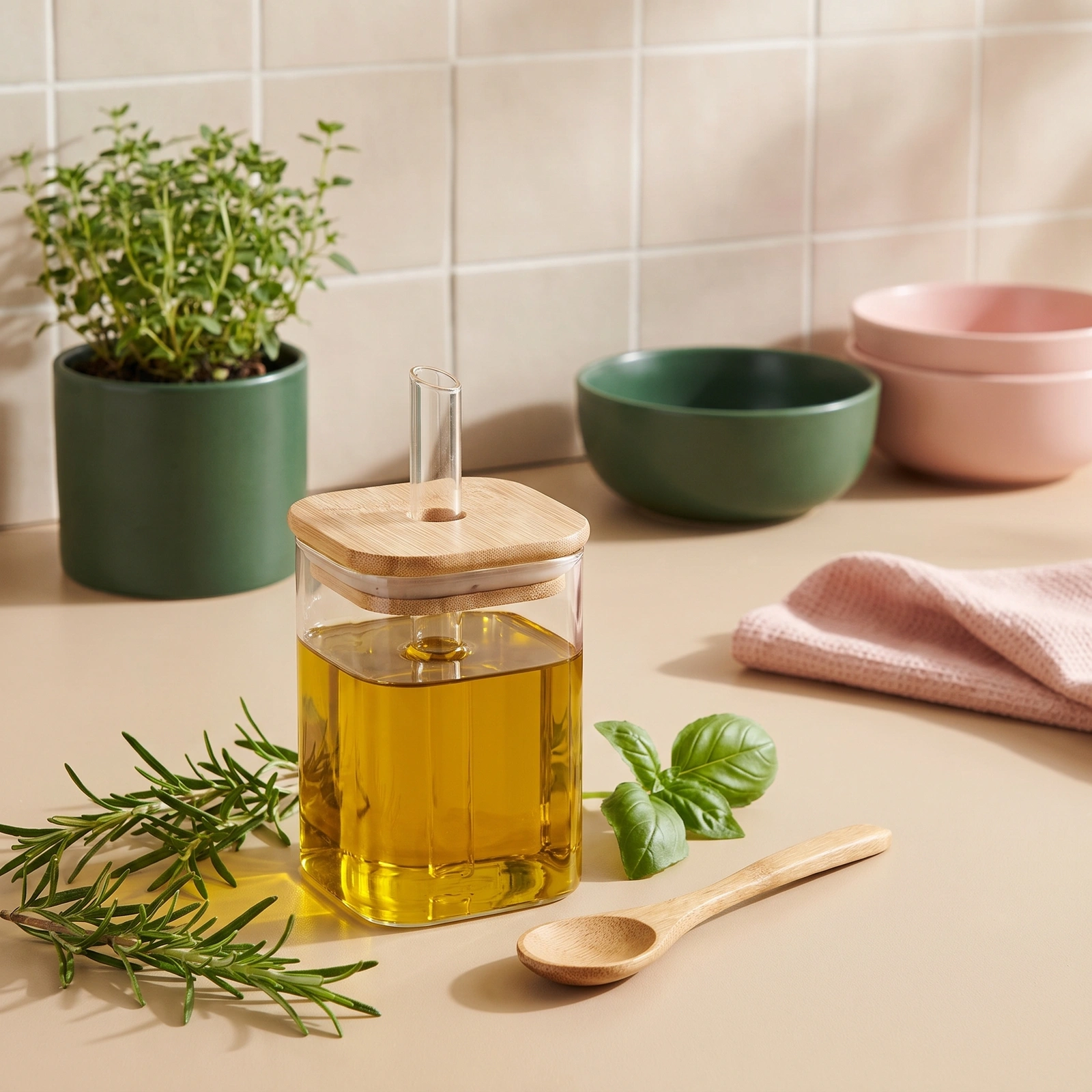 Clear Glass Cup with Wood Lid & Straw - Home Organizers