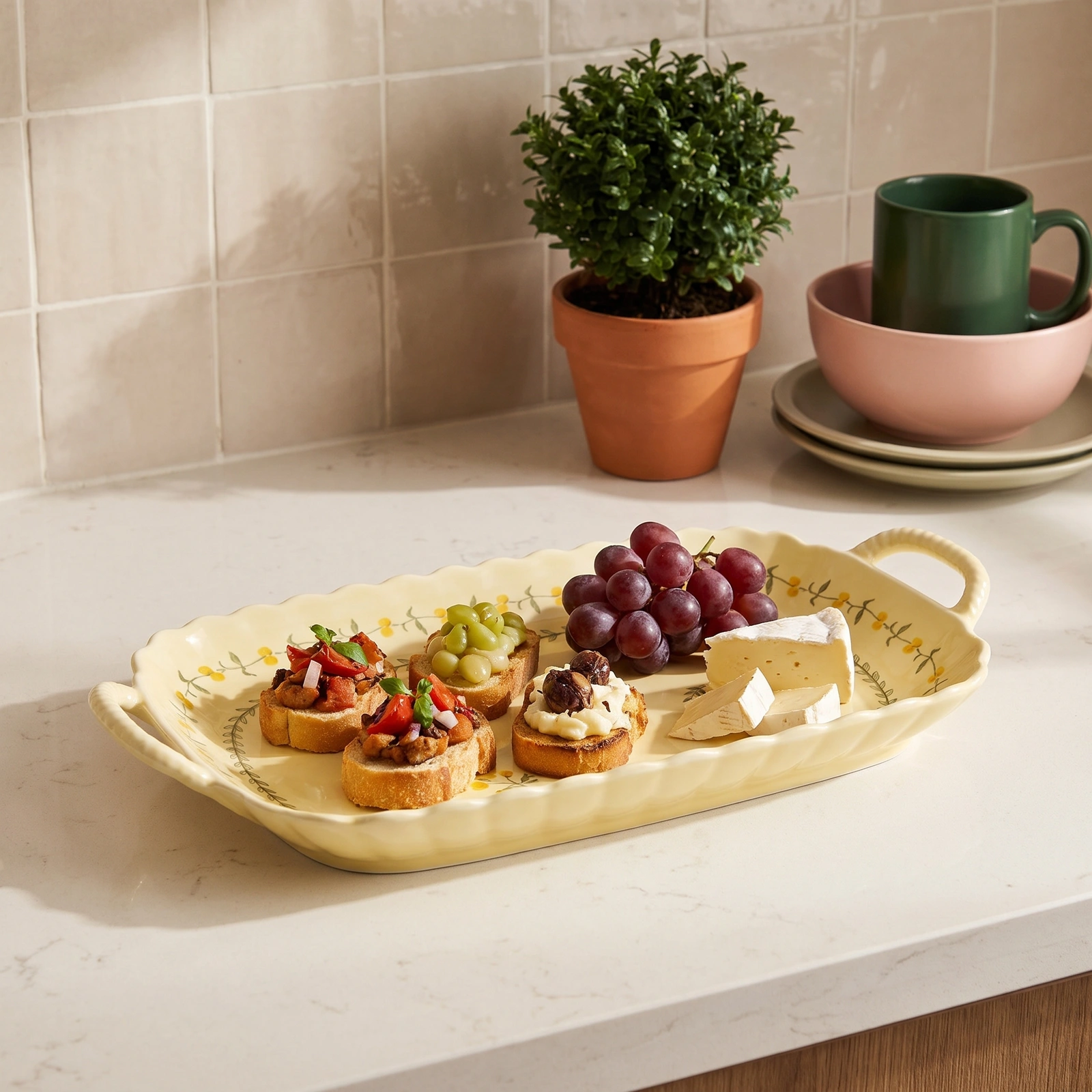 Porcelain Serving Tray - Cream with Yellow Floral Design - Offers