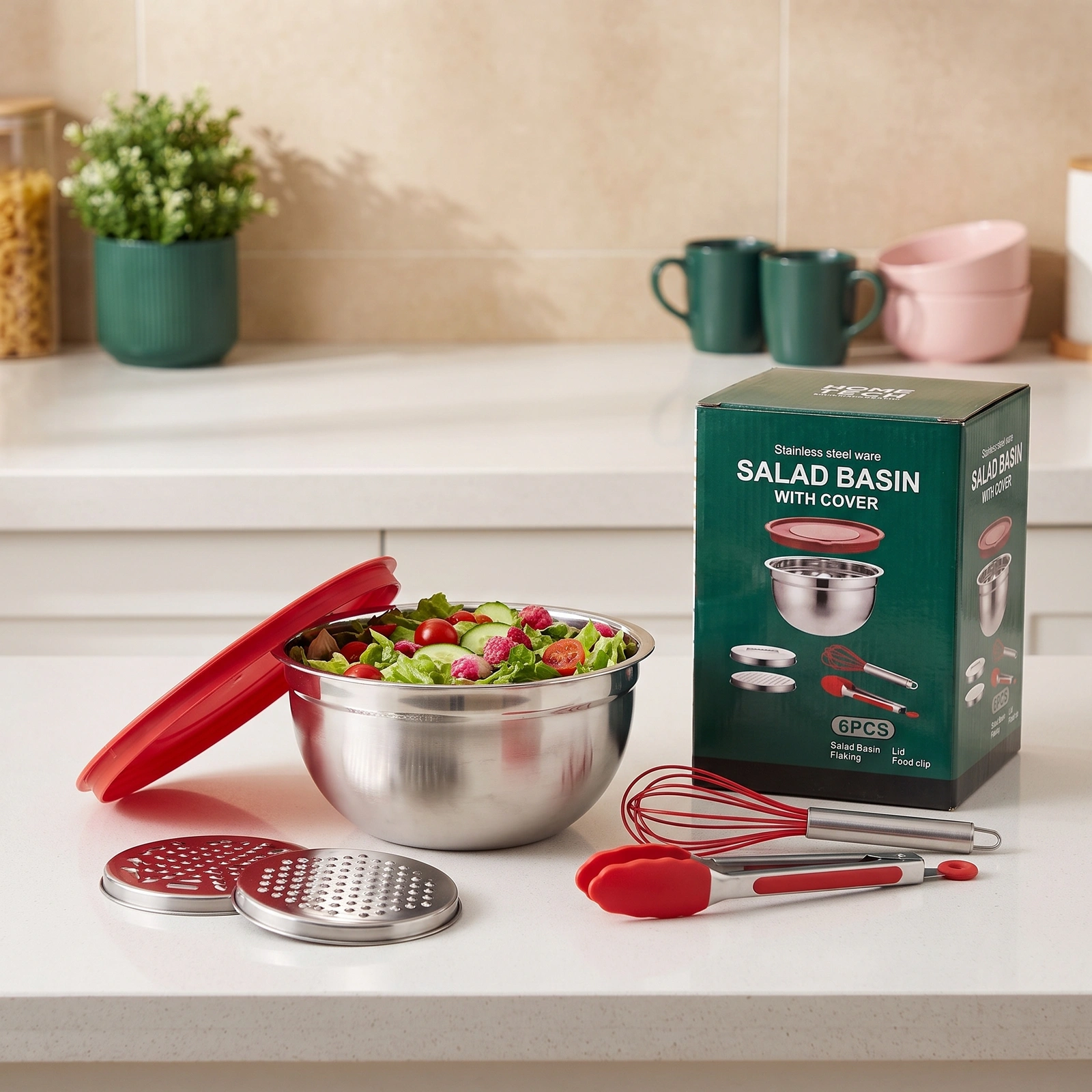 Stainless Steel Salad Mixing Bowl Set, Graters & Tools - Red - Offers