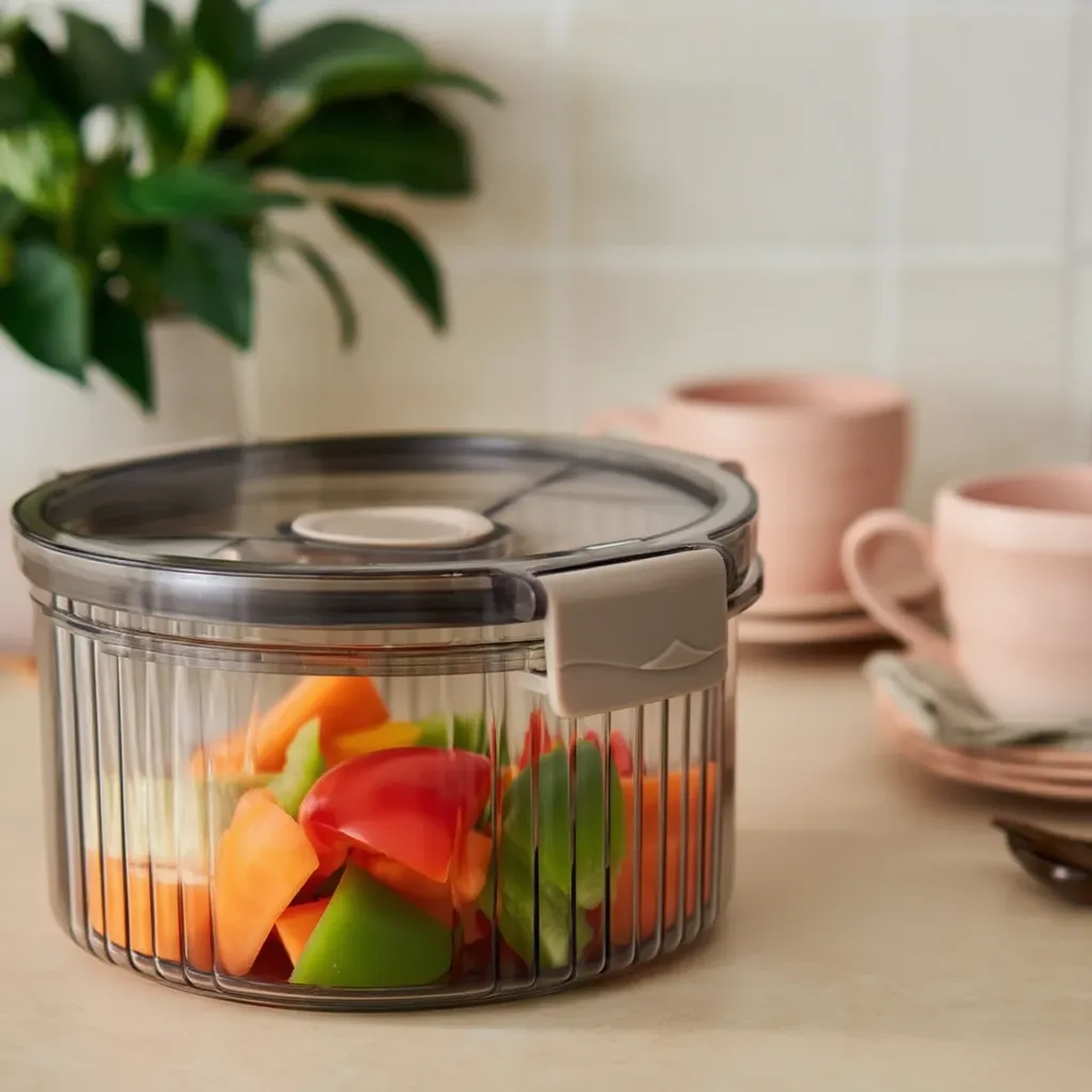 Round Acrylic Food Storage Container - Clear with Grey Lid - Home Decor