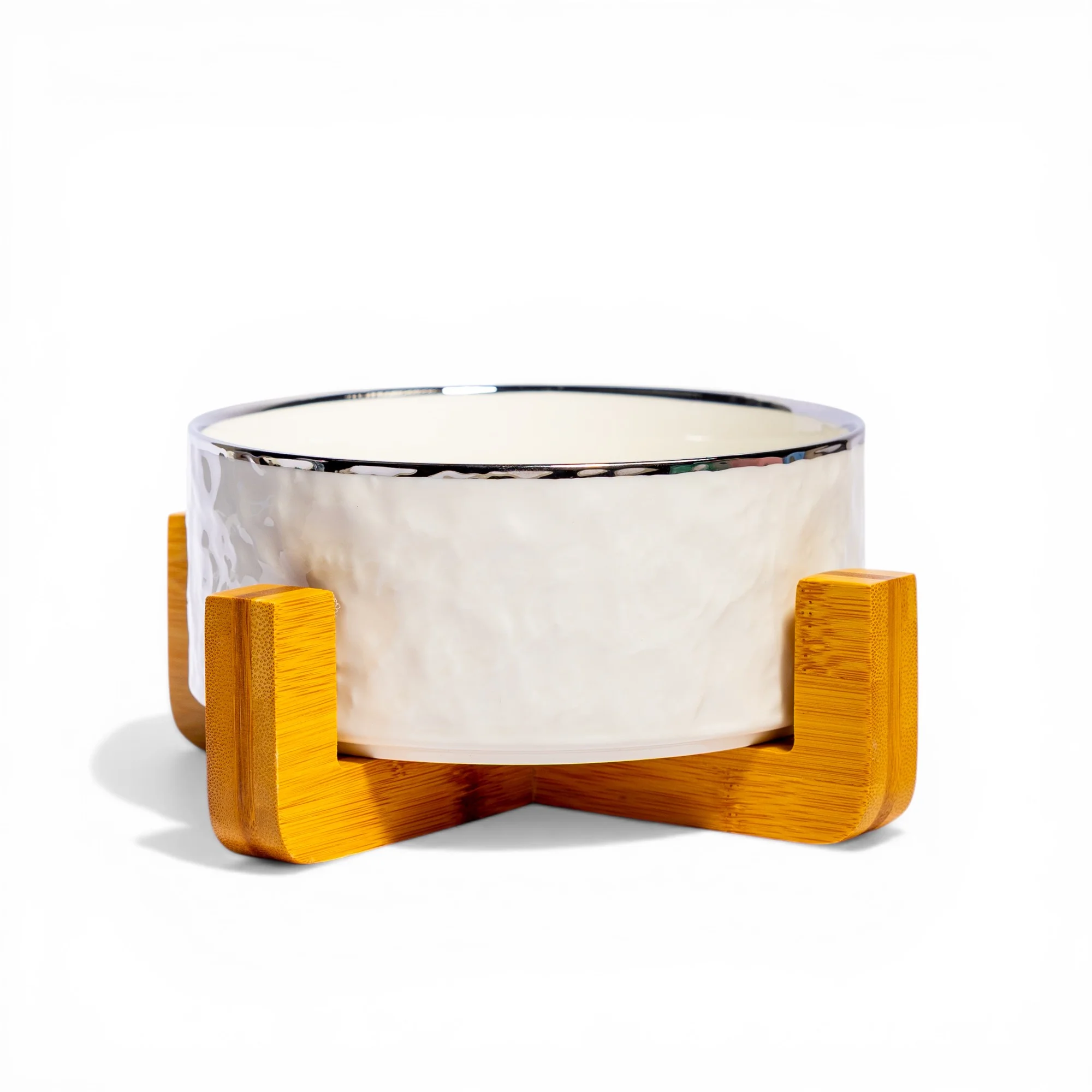 Ceramic Bowl with Bamboo Stand - Cream - Home Organizers